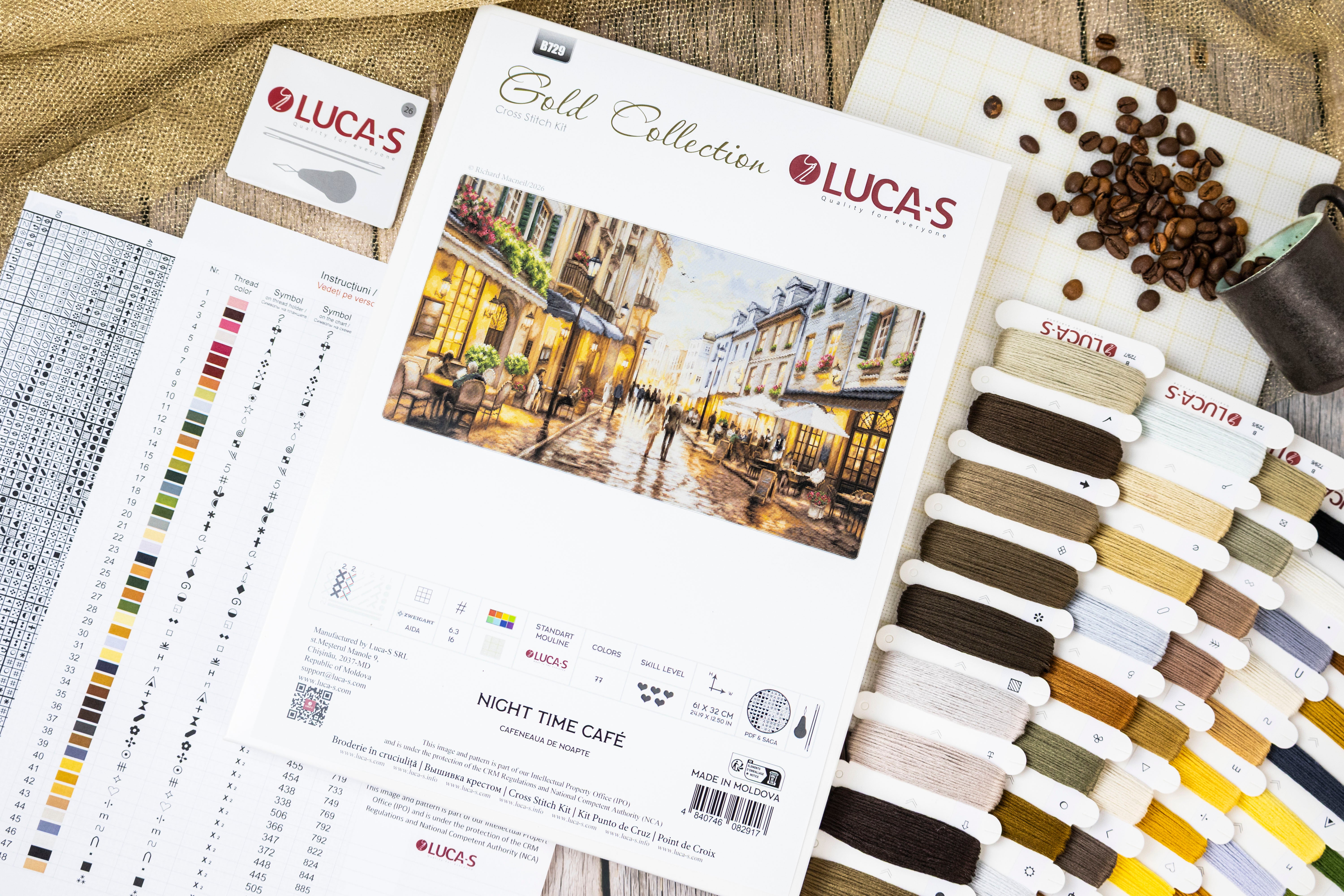 Kit Broderie Luca-S B729 Cafeneaua de Noapte, Colecția Gold, Pânză Zweigart Aida 16 ct, Ață 100% bumbac, Dimensiuni finale 61 x 32 cm