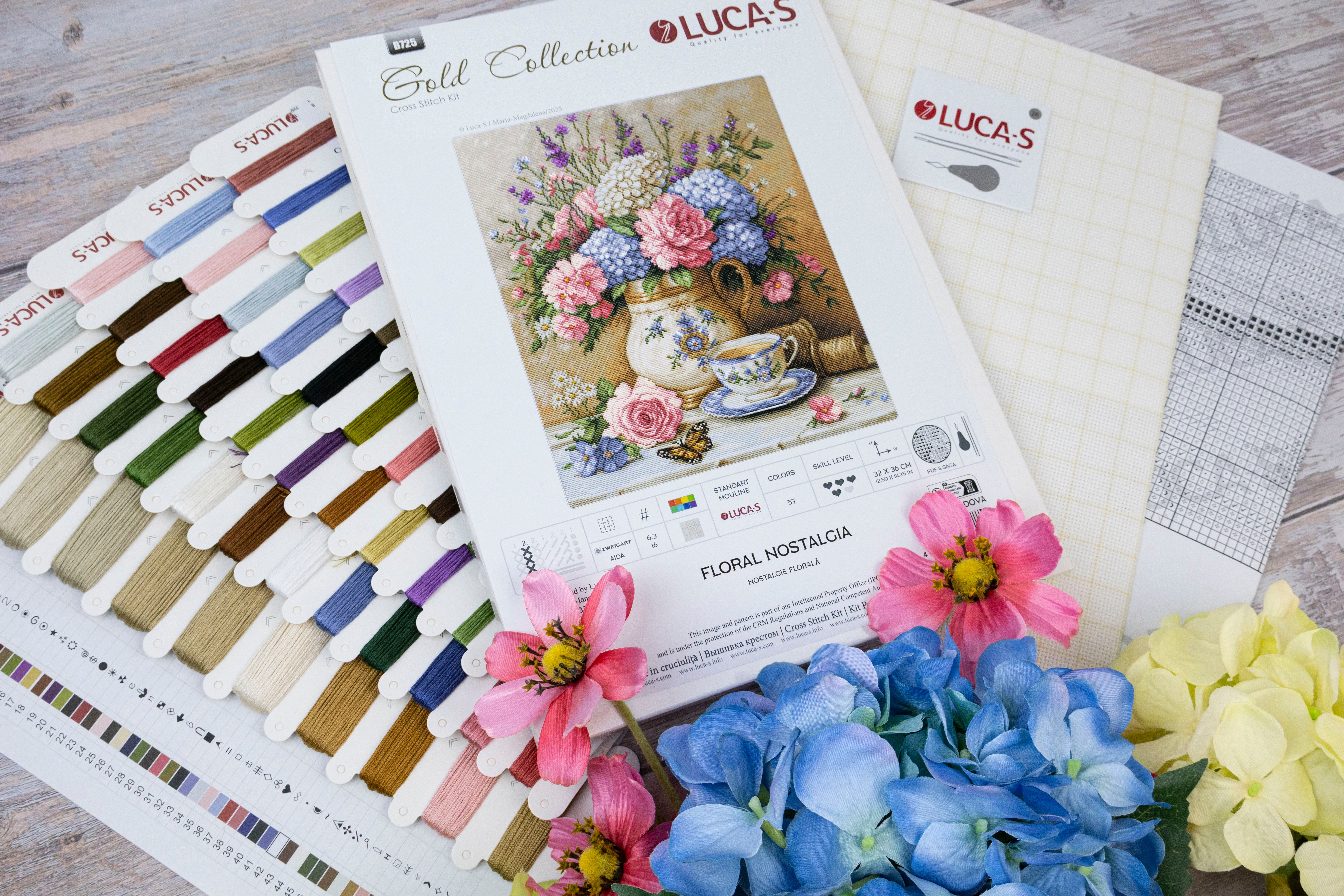Kit Broderie Luca-S B725 Nostalgie Florală, Colecția Gold, Pânză Zweigart Aida 16ct, Dimensiune Finală 32x36 cm, 57 Culori, Ață 100% Bumbac