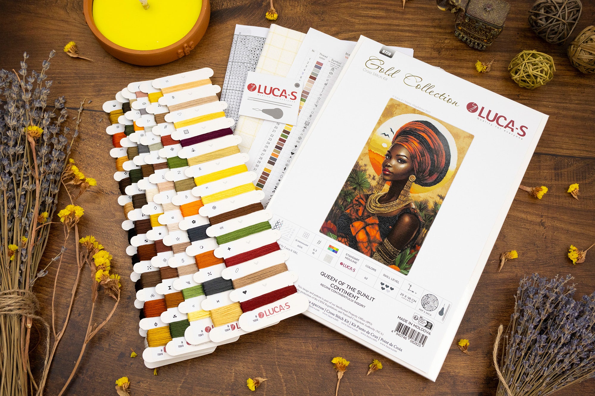 Luca-S B720 Queen of the Sunlit Continent Cross Stitch Kit, GOLD Collection, Zweigart Aida 16ct Fabric, 29x48 cm, 62 Colors, 100% Cotton Thread