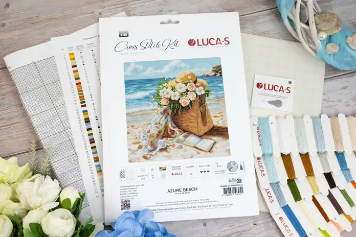 Luca-S B735 Azure Beach Cross Stitch Kit, Zweigart Aida 16ct Fabric, 100% Cotton Thread, 53 Colors, 29 x 29 cm Finished Size