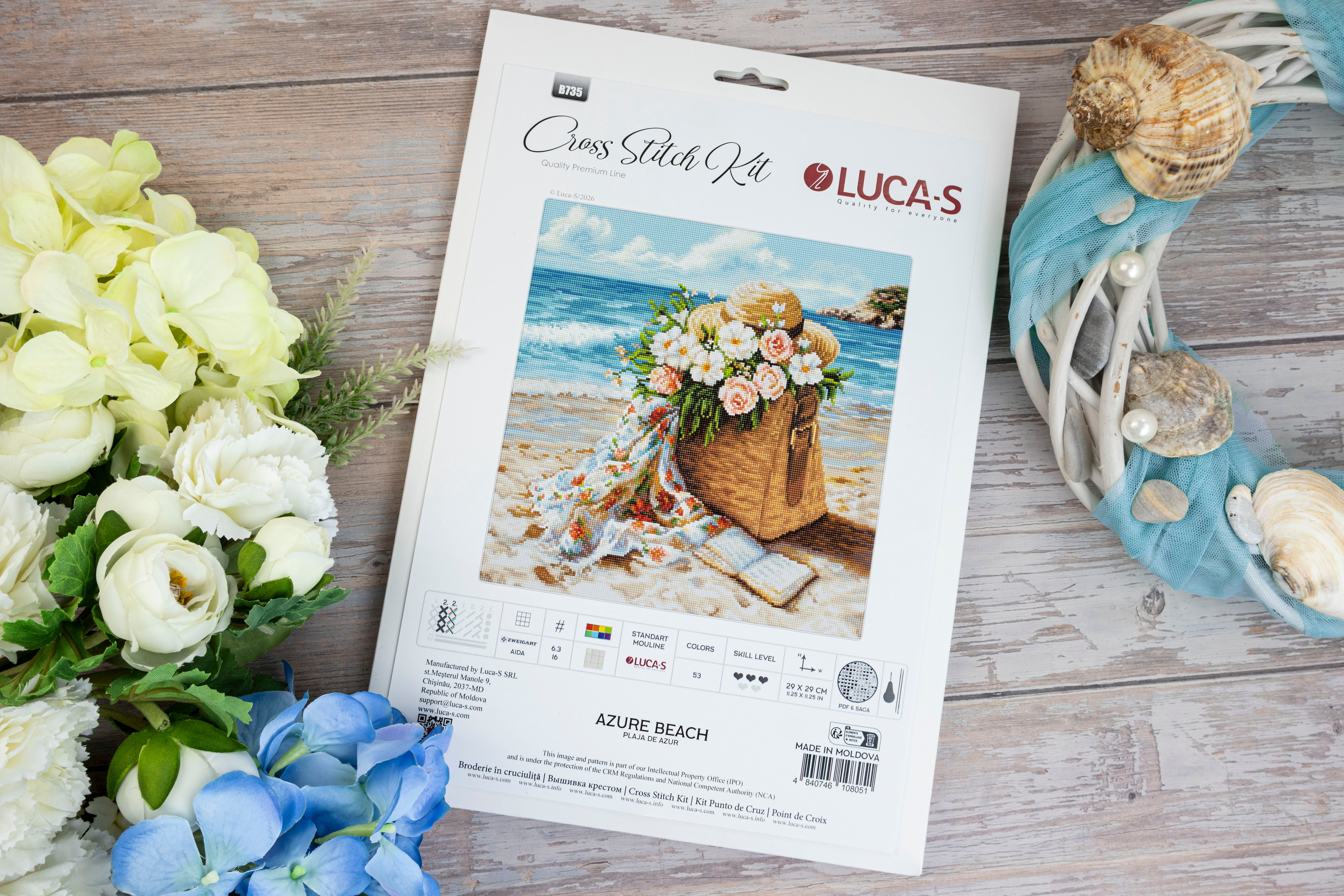 Luca-S B735 Azure Beach Cross Stitch Kit, Zweigart Aida 16ct Fabric, 100% Cotton Thread, 53 Colors, 29 x 29 cm Finished Size