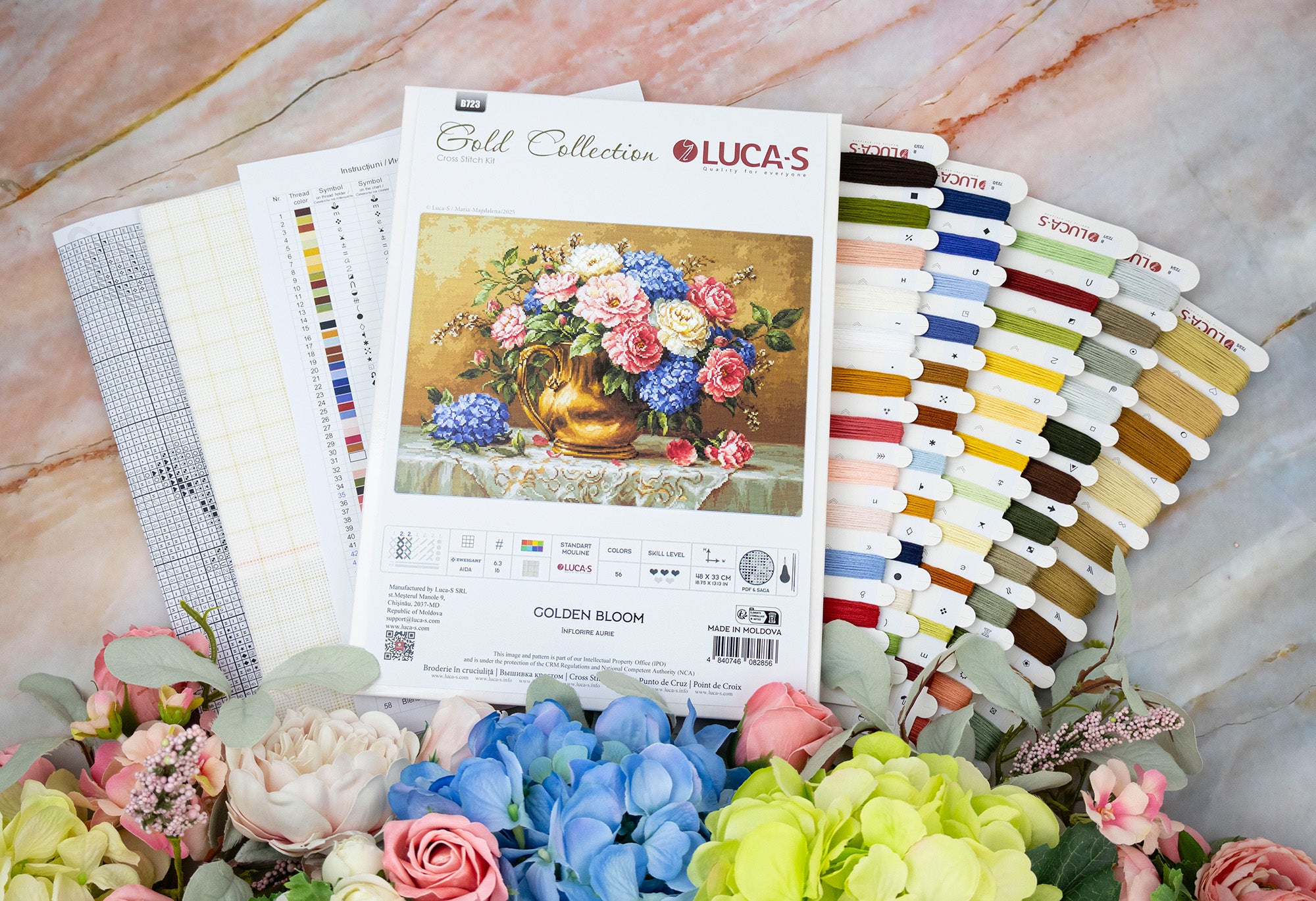 Kit Broderie Luca-S B723 Înflorire Aurie, Colecția Gold, Pânză Zweigart Aida 16ct, Dimensiuni 48 x 33 cm, 56 Culori, Fire de Bumbac