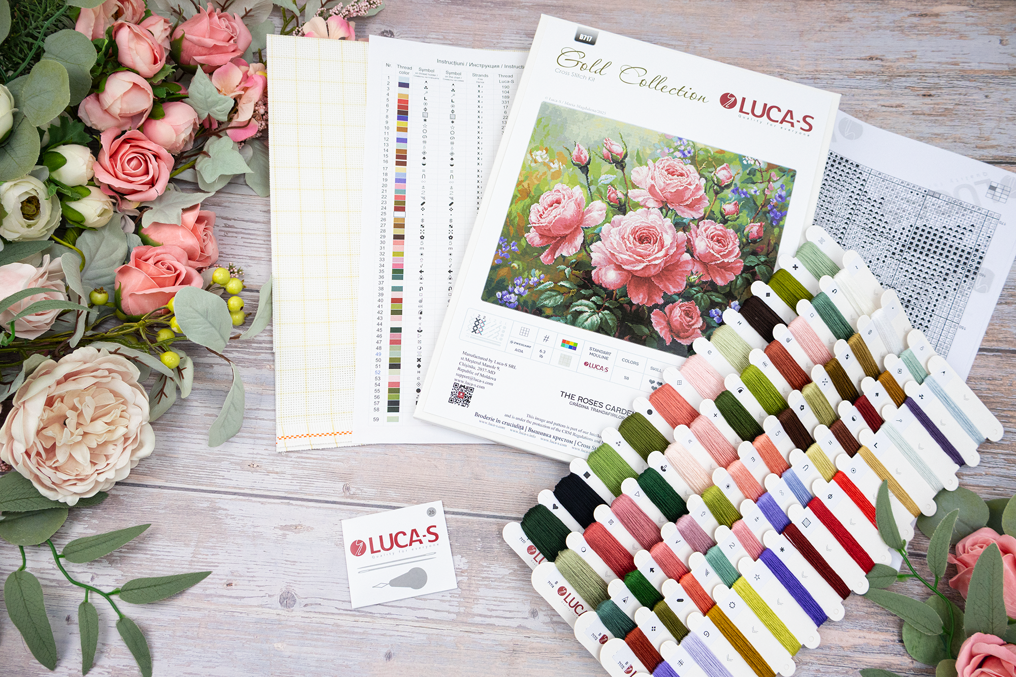 Набор для вышивания Luca-S B717 The Roses Garden, Gold Collection, ткань Zweigart Aida 16, 44 x 35 см, 58 цветов, нити 100% хлопок