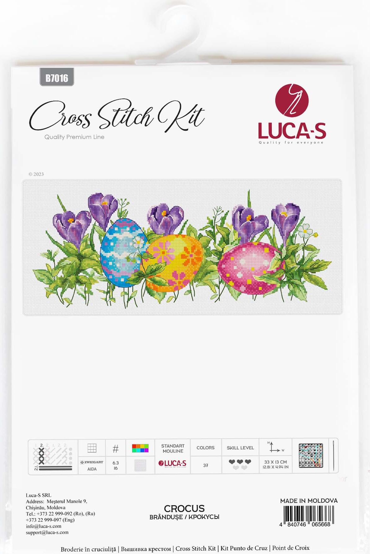 Luca-S B7016 Crocus Cross Stitch Kit, Zweigart Aida 16 ct Canvas, 33 x 13 cm Embroidery Size, 37 Colors, 100% Cotton Thread