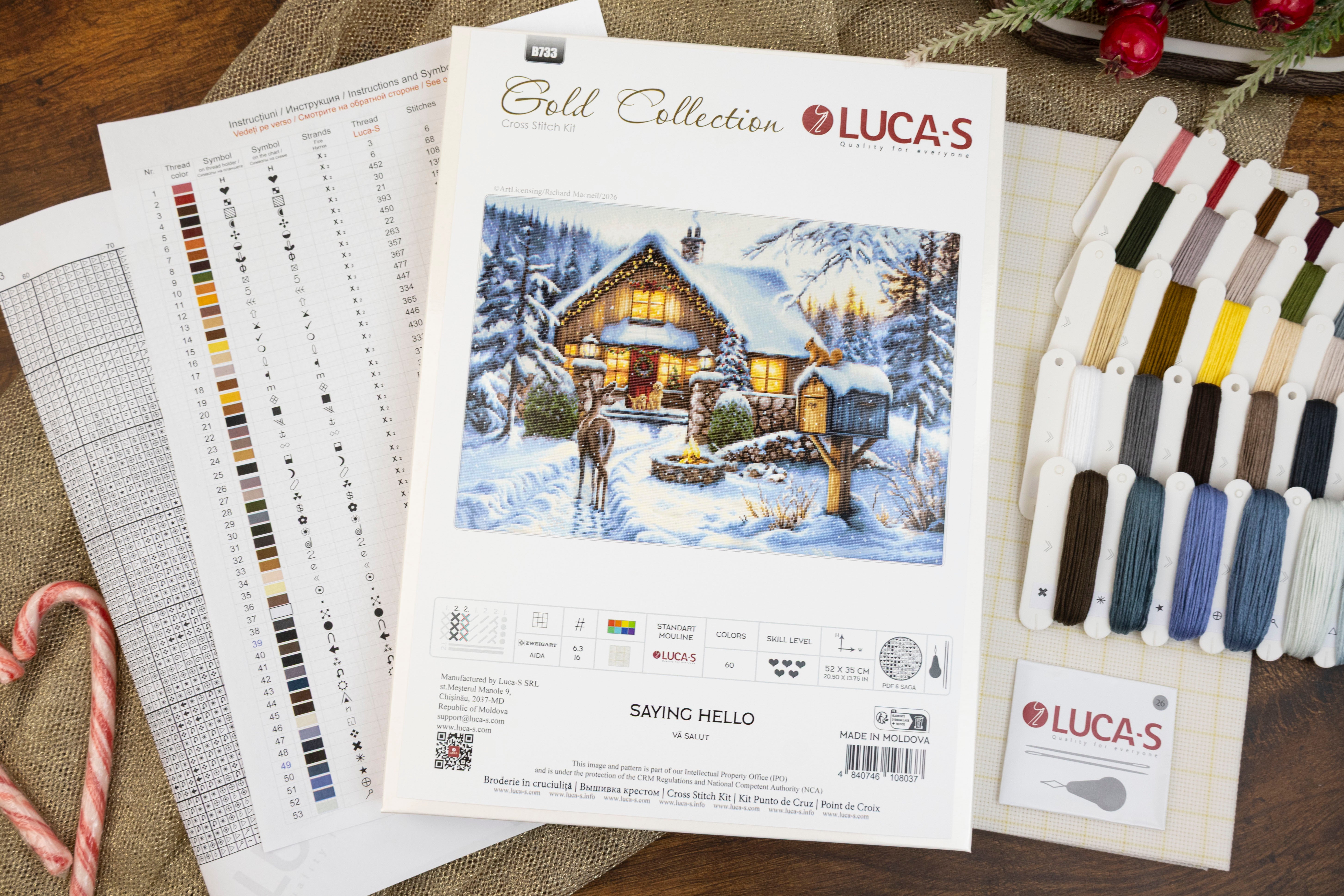 Luca-S B733 Saying Hello Cross Stitch Kit, Gold Collection Christmas Winter Scene, Zweigart Aida 16ct Fabric, 52 x 35 cm, 60 Colors
