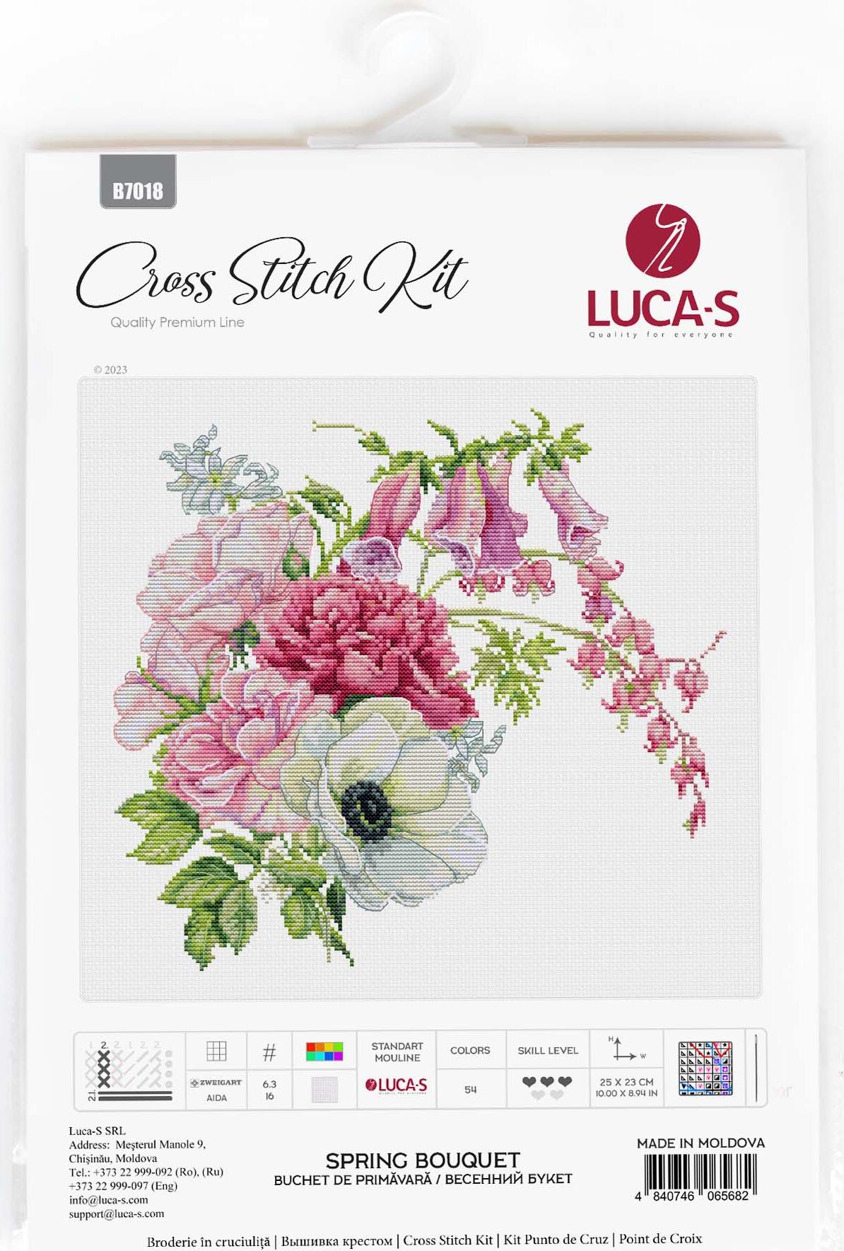 Luca-S B7018 Spring Bouquet Cross Stitch Kit, Zweigart Aida 16 ct Fabric, 100% Cotton Thread, 25 x 23 cm, 54 Colors