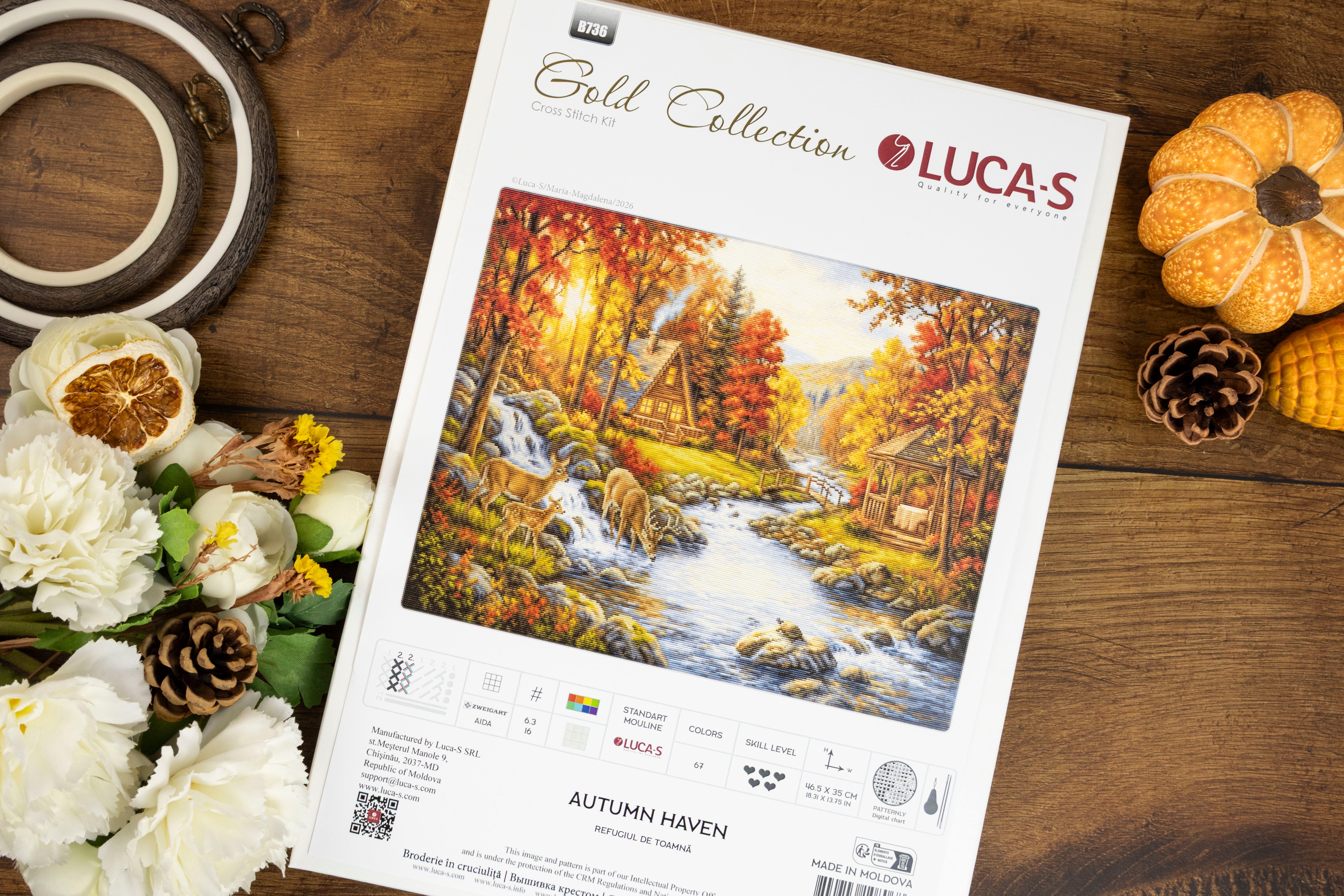 Набор для вышивания Luca-S GOLD Autumn Haven B736, 46.5x35 см, ткань Zweigart Aida 16ct, 67 цветов, нити 100% хлопок