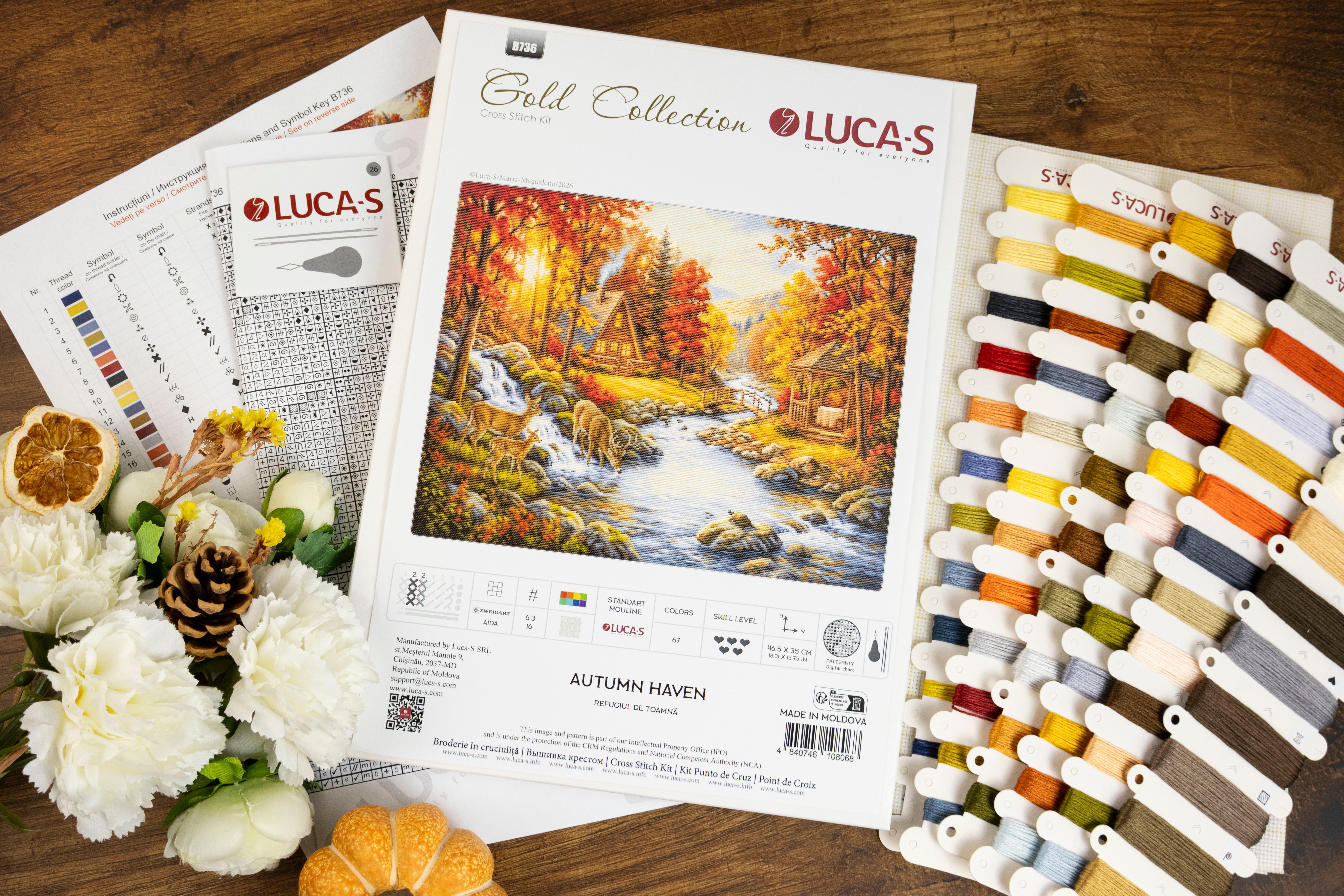 Набор для вышивания Luca-S GOLD Autumn Haven B736, 46.5x35 см, ткань Zweigart Aida 16ct, 67 цветов, нити 100% хлопок