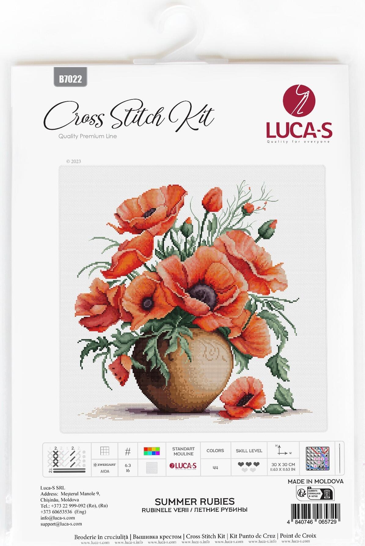 Luca-S B7022 Summer Rubies Cross Stitch Kit, Premium Line, 30x30 cm, Zweigart Aida 16ct Fabric, 44 Colors, 100% Cotton Thread