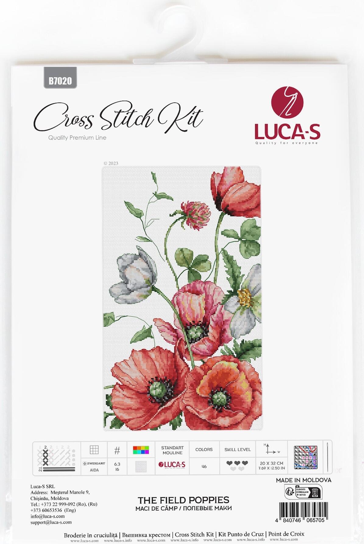 Набор для вышивания Luca-S B7020 Полевые маки, канва Zweigart Aida 16 ct, 20 x 32 см, 46 цветов, нити 100% хлопок