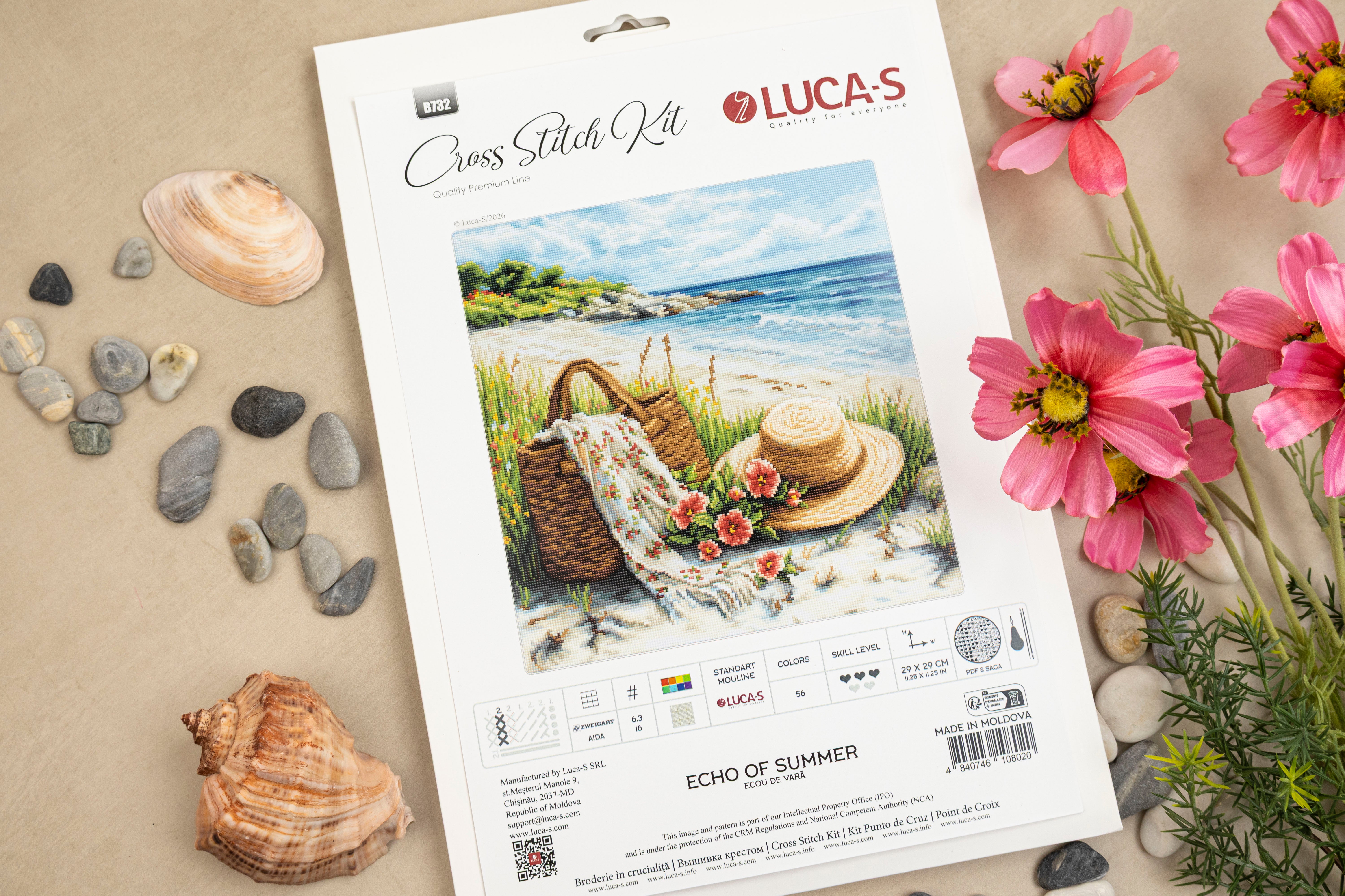 Luca-S B732 Echo of Summer Cross Stitch Kit, Zweigart Aida 16 ct Fabric, 100% Cotton Thread, 29 x 29 cm Finished Size, 56 Colors