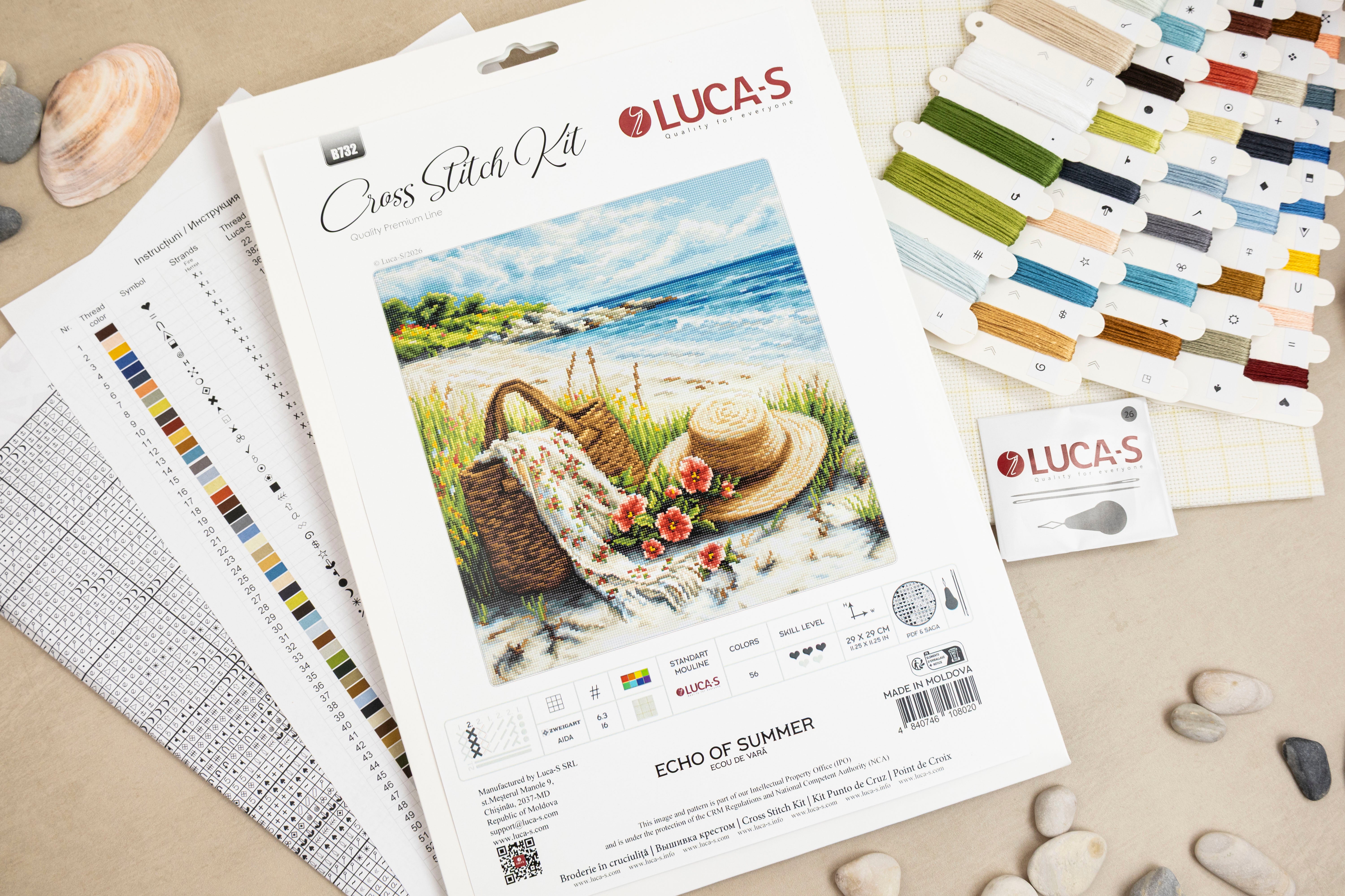 Luca-S B732 Echo of Summer Cross Stitch Kit, Zweigart Aida 16 ct Fabric, 100% Cotton Thread, 29 x 29 cm Finished Size, 56 Colors
