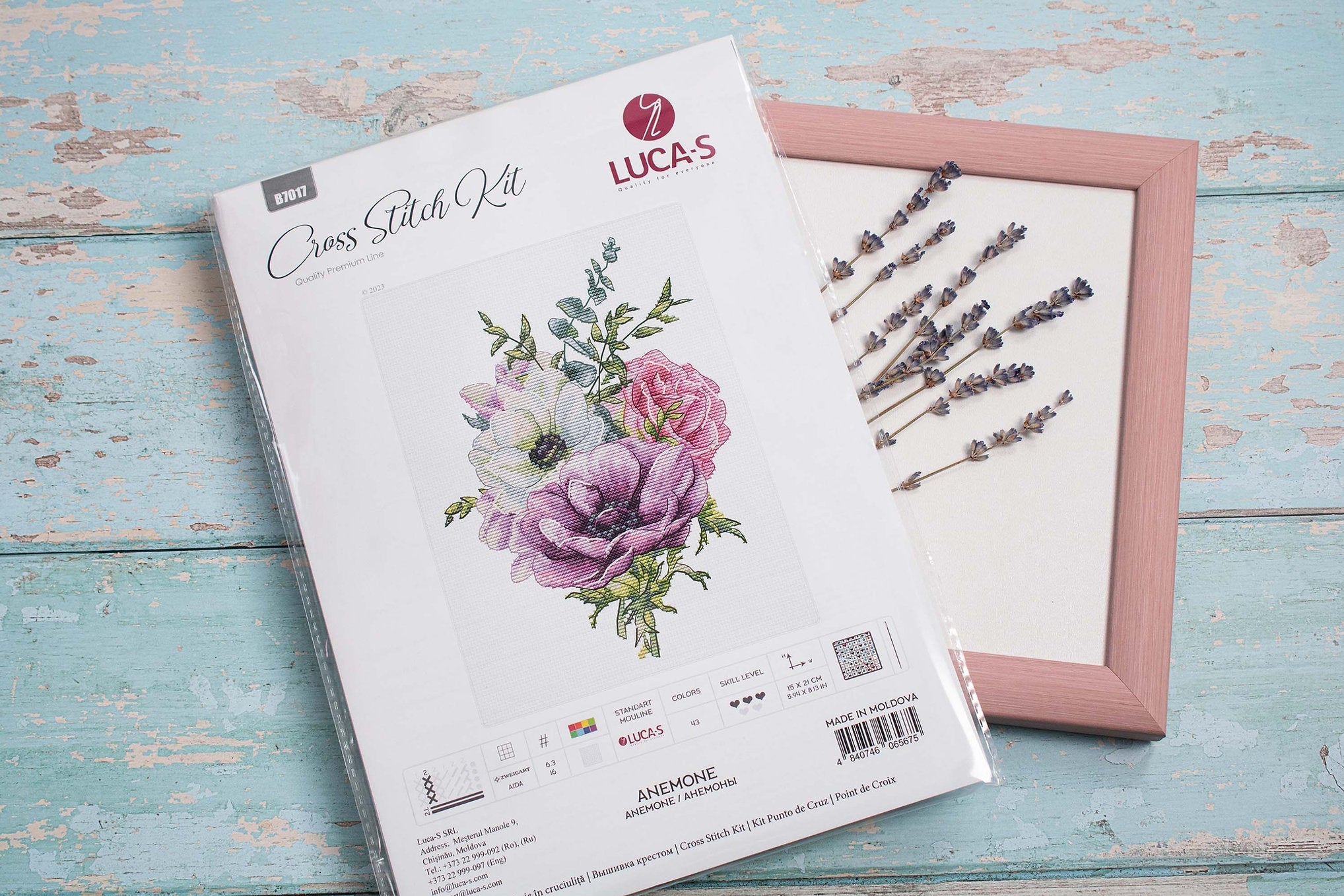 Luca-S Anemone B7017 Cross Stitch Kit, Premium Line, Zweigart Aida 16ct Fabric, 100% Cotton Thread, 15 x 21 cm Embroidery Size, 43 Colors