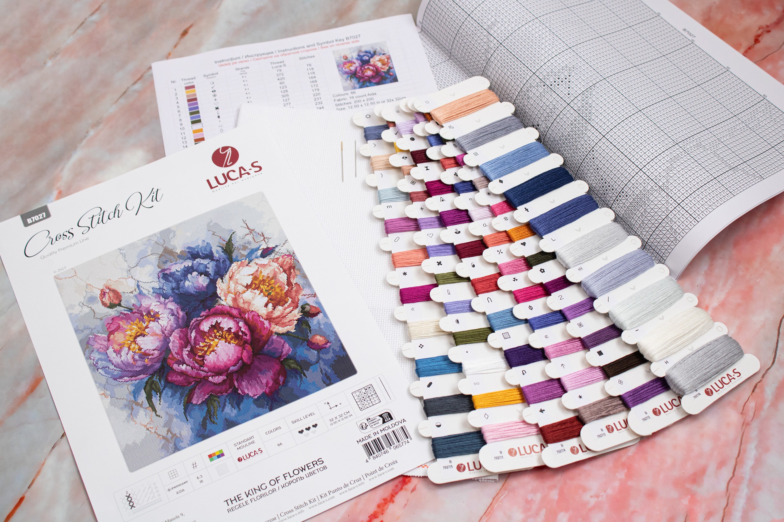 Luca-S B7027 The King of Flowers Cross Stitch Kit, Premium Line, 32x32 cm, Zweigart Aida 16 ct Fabric, 66 Colors, 100% Cotton Thread