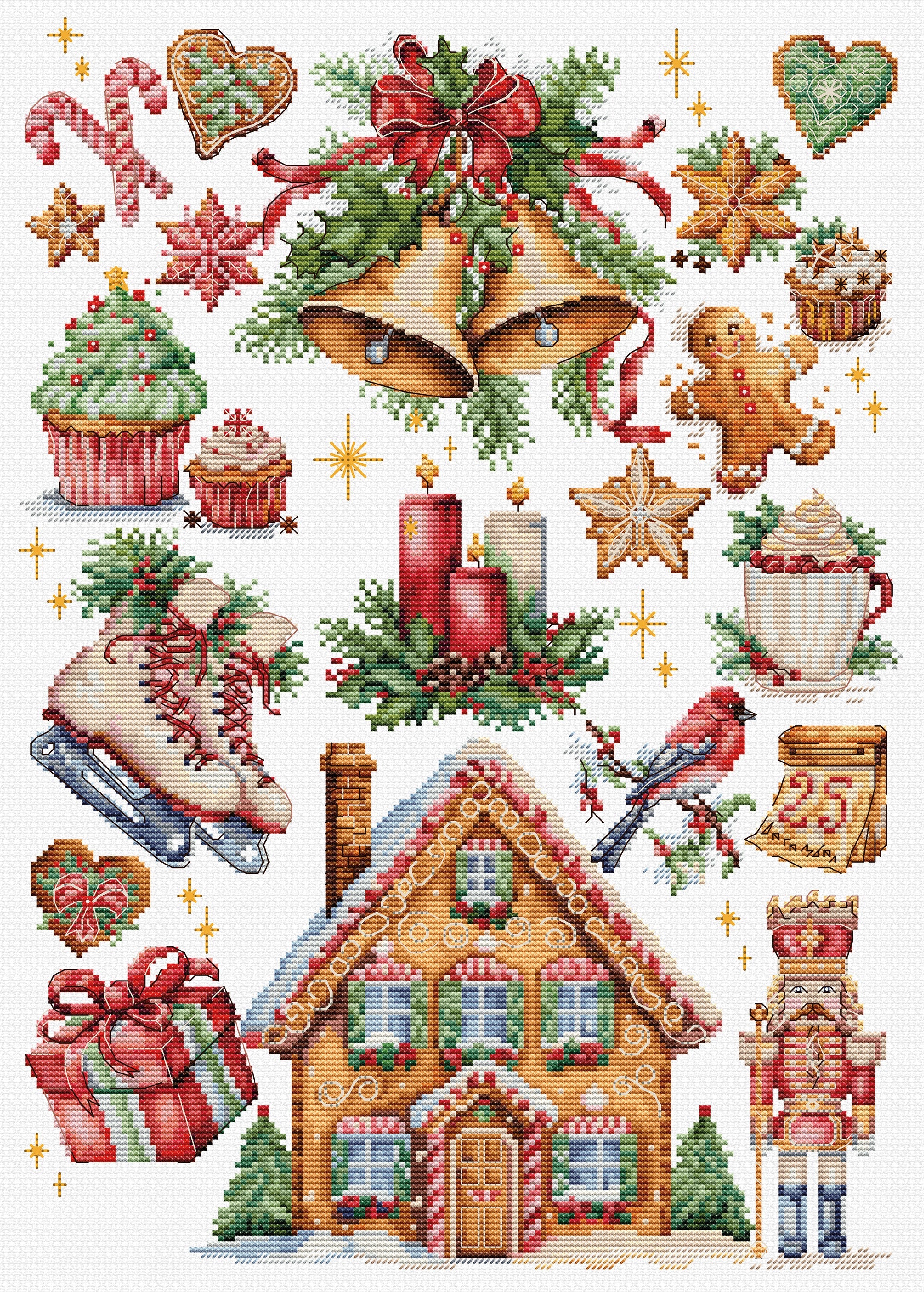 Set de brodat în cruciuliță Dimensiunea broderiei: 9.75 x 13.81 in sau 25 x 35 cm Numărul de cruciulițe: 156 x 221 Culori: 53 Ață: Luca-S 100% bumbac Pânză: Zweigart Aida16 ct. (100/101) 39 x 50 cm Ace de brodat №26 - 2 ace, 1 înfiletător de ață (plic) Diagramă parțial colorată și contur colorat - 4 foi format A3 Nivel de dificultate: 3/5 Artist: Luca-S Set de brodat în cruciuliță Luca-S Set de brodat în cruciuliță Luca-S - Compoziție de Crăciun, B7031