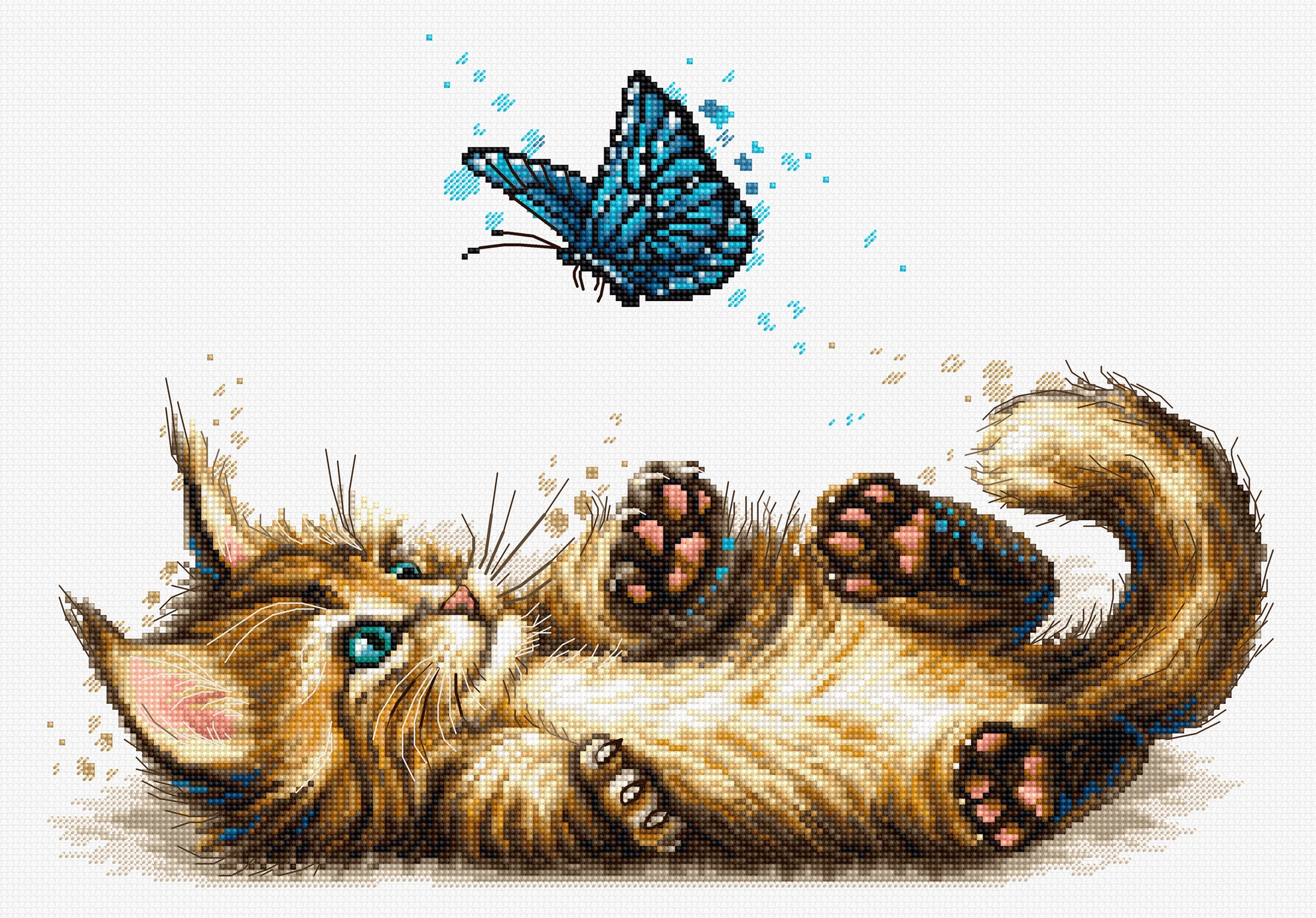 Dimensiunea broderiei: 13.00 x 9.00 in or 33 x 23 cm Numărul de cruciulițe: 208 x 144 Culori: 33 Ață: Luca-S 100% bumbac Pânză: Zweigart Aida 16ct.( 100/101 ) 47 x 37 cm Ace de brodat №26 - 2 ace Schema este efectuată în simboluri: alb/ negru și contur colorat - 4 coale A3 Nivel de dificultate: 3/5 Set de brotat în cruciuliță Luca-S Set de brodat în cruciuliță Luca-S - Pisica jucăușă B7013