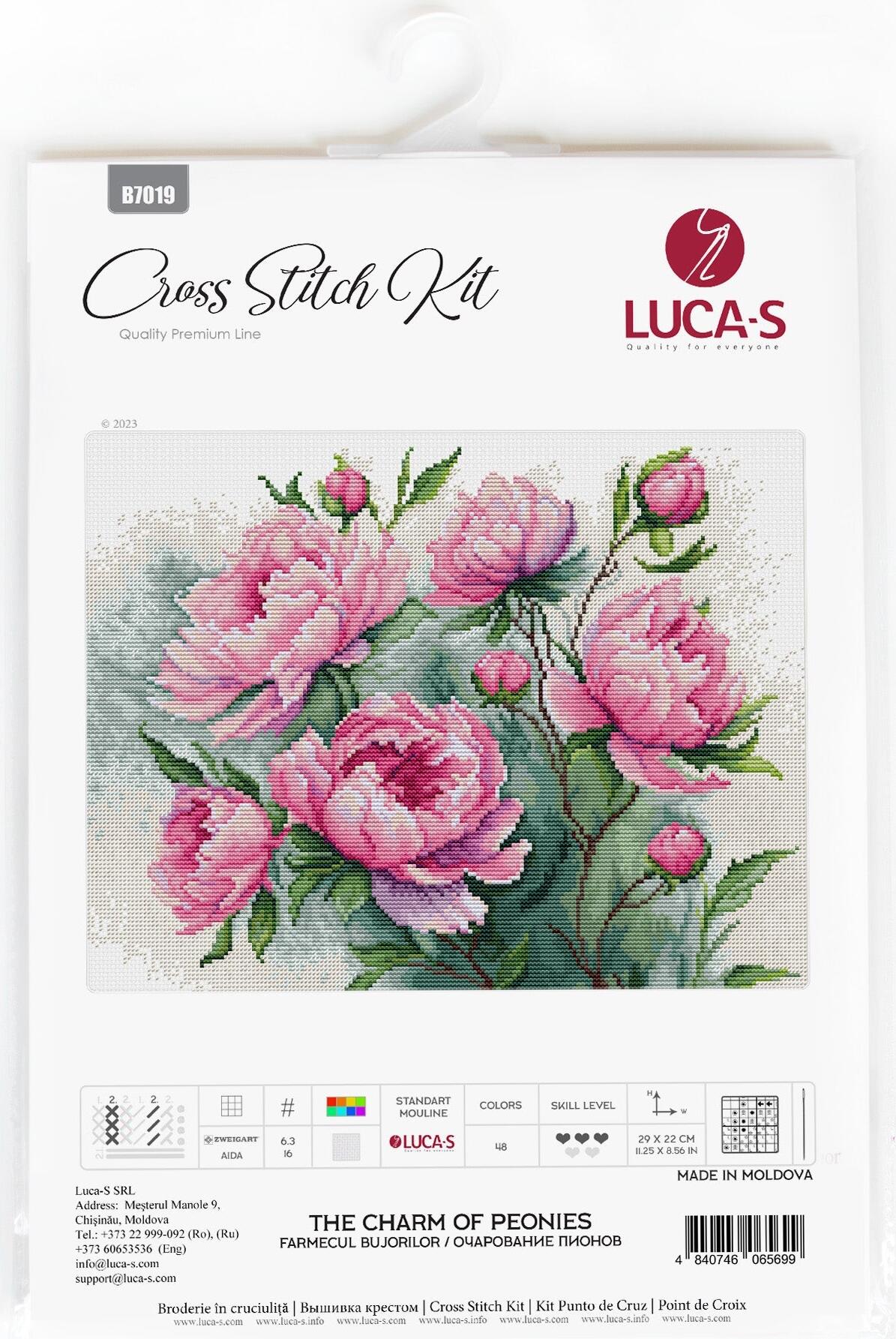 Kit Broderie Luca-S B7019 Farmecul Bujorilor, Material Zweigart Aida 16ct, 35 Culori, Fir 100% Bumbac, Dimensiune Broderie 29 x 22 cm