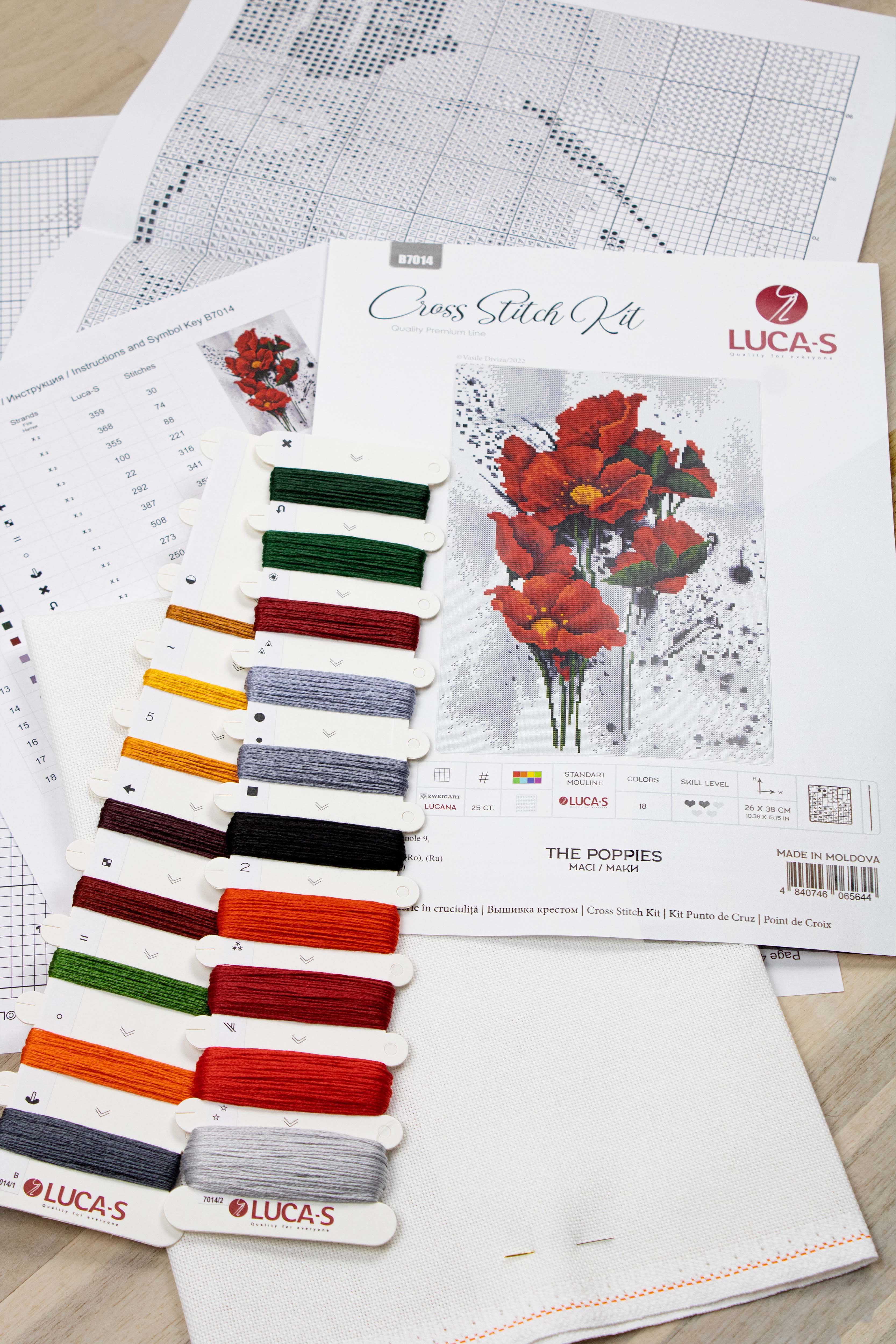 Kit Broderie Luca-S B7014 Maci (The Poppies) de la Vasile Diviza, 26 x 38 cm, Material Lugana 25 ct, Aste Coton 18 Culori, Schemă cu Simboluri