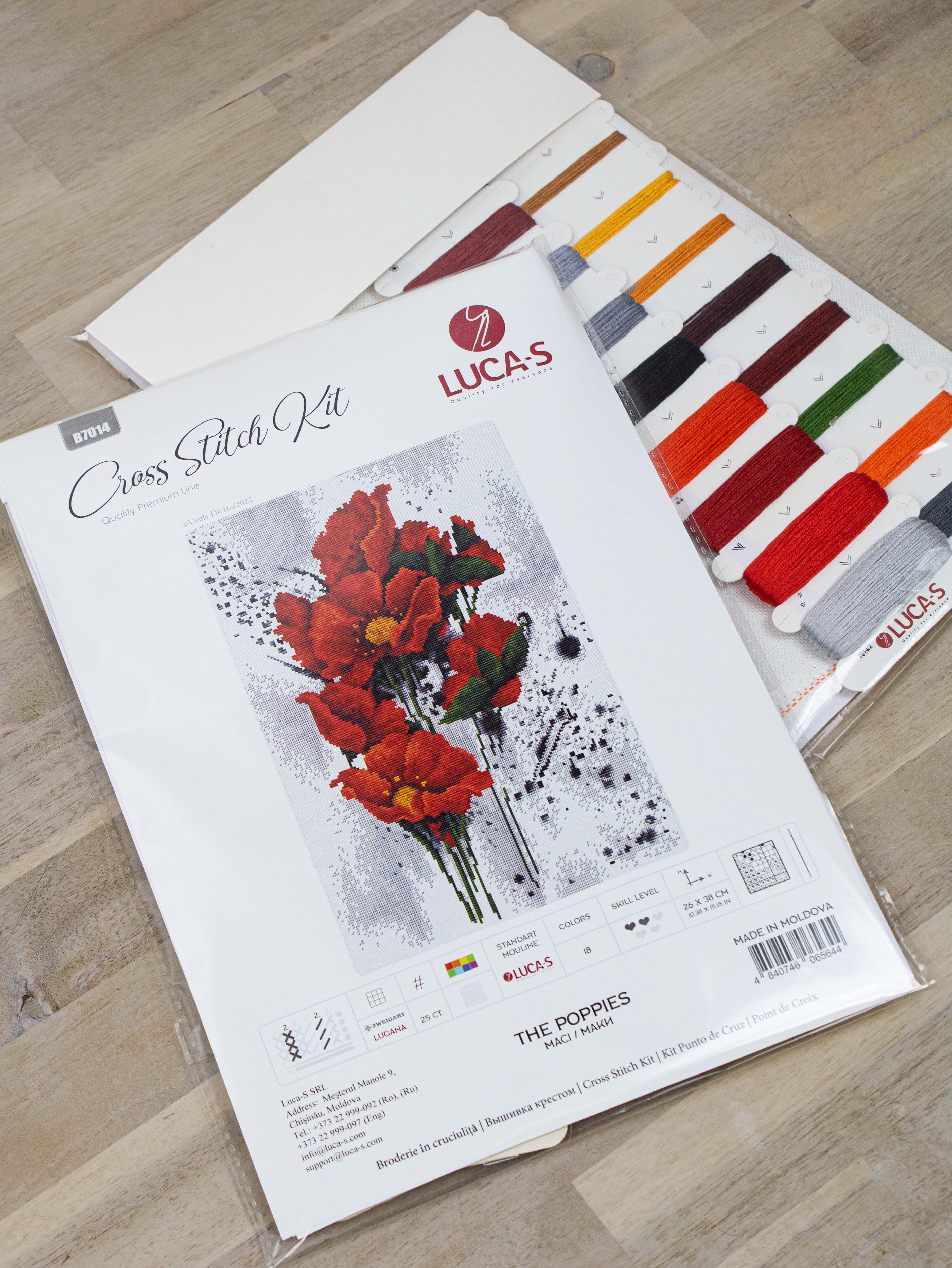 Kit Broderie Luca-S B7014 Maci (The Poppies) de la Vasile Diviza, 26 x 38 cm, Material Lugana 25 ct, Aste Coton 18 Culori, Schemă cu Simboluri