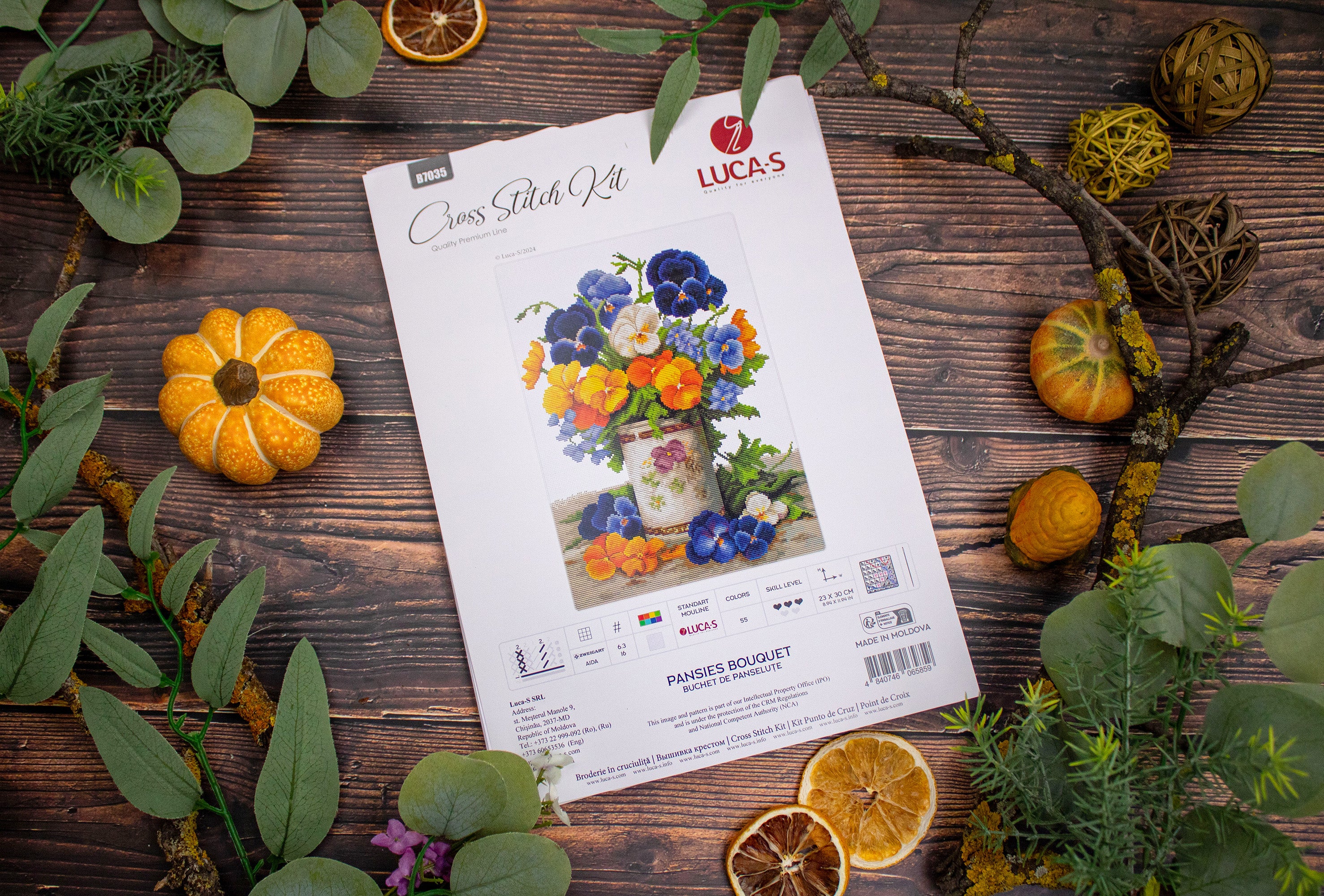 Luca-S B7035 Pansies Bouquet Cross Stitch Kit, Zweigart Aida 16 ct Fabric, 100% Cotton Thread, 23 x 30 cm Finished Size, 55 Colors
