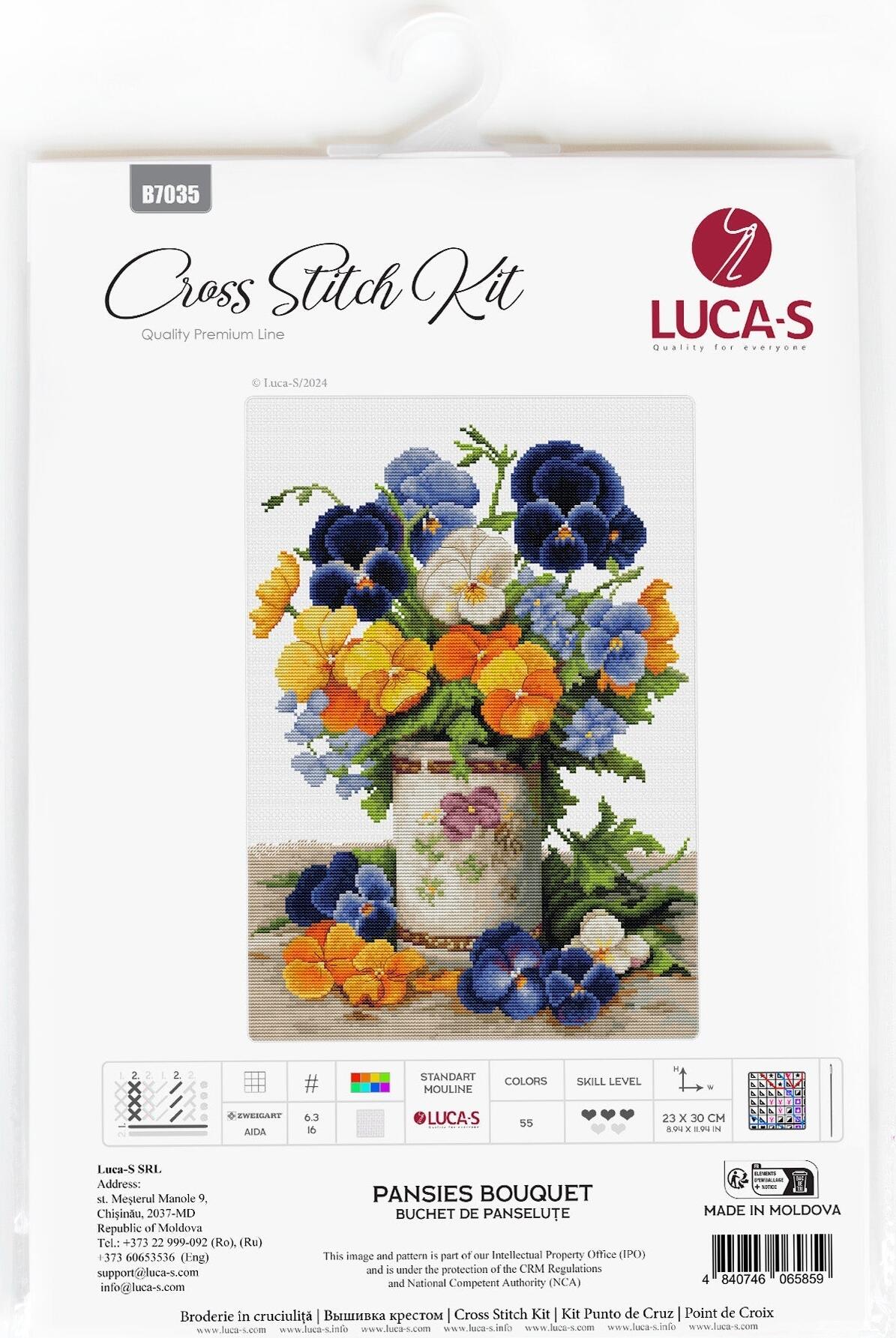 Luca-S B7035 Pansies Bouquet Cross Stitch Kit, Zweigart Aida 16 ct Fabric, 100% Cotton Thread, 23 x 30 cm Finished Size, 55 Colors