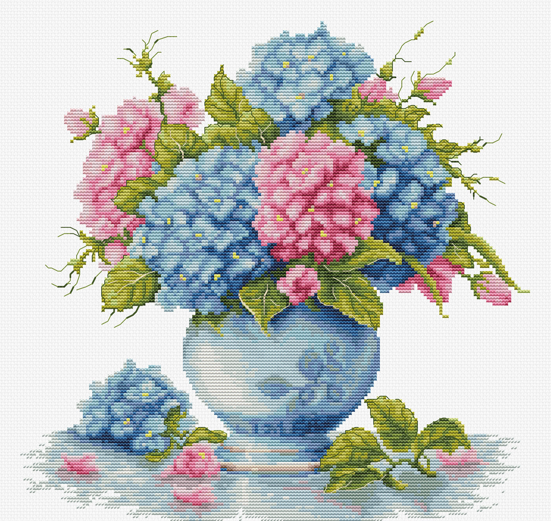 Set de brodat în cruciuliță Dimensiunea broderiei: 10.19 x 10.00 in sau 26 x 26 cm Numărul de cruciulițe: 163 x 160 Culori: 34 Ață: Luca-S 100% bumbac Pânză: Zweigart Aida16 ct. (100/101) 40 x 40 cm Ace de brodat №26 - 2 ace Diagramă parțial colorată și contur colorat - 6 foi format A3 Nivel de dificultate: 3/5 Artist: Luca-S Set de brodat în cruciuliță Luca-S Set de brodat în cruciuliță Luca-S - Vaza cu Hortensie, B7033