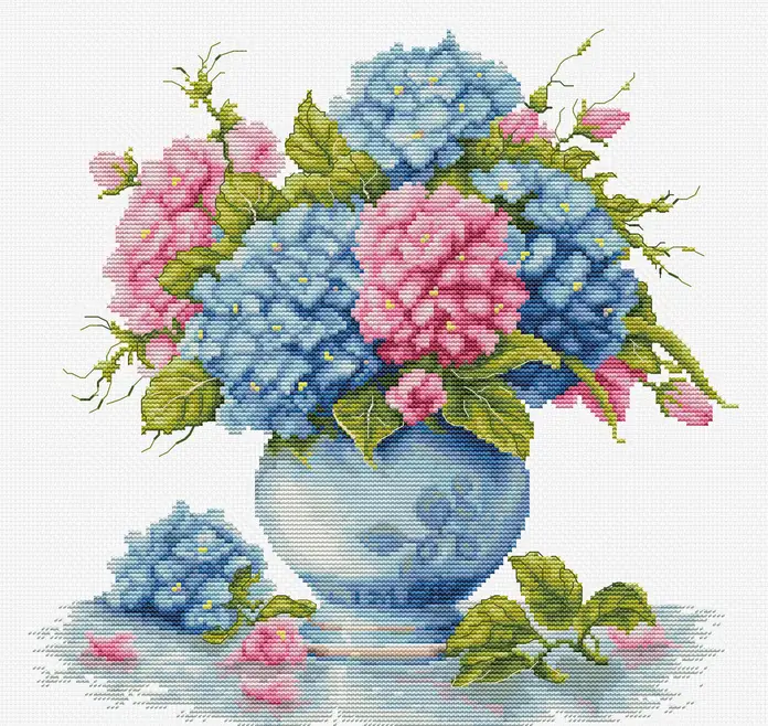 Luca-S B7033 Vase with Hydrangea Cross Stitch Kit, Zweigart Aida 16ct Fabric, 26x26 cm Embroidery, 34 Colors, 100% Cotton Thread