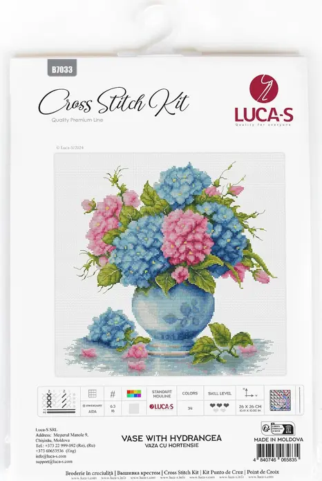 Luca-S B7033 Vase with Hydrangea Cross Stitch Kit, Zweigart Aida 16ct Fabric, 26x26 cm Embroidery, 34 Colors, 100% Cotton Thread