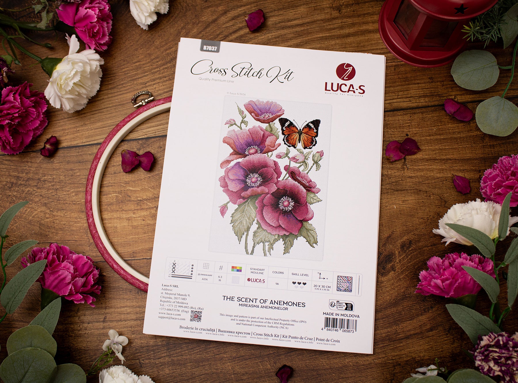 Kit Broderie Luca-S B7037 Mireasma Anemonelor, 20x30 cm, Pânză Zweigart Aida 16 ct, 46 Culori, Ață 100% Bumbac