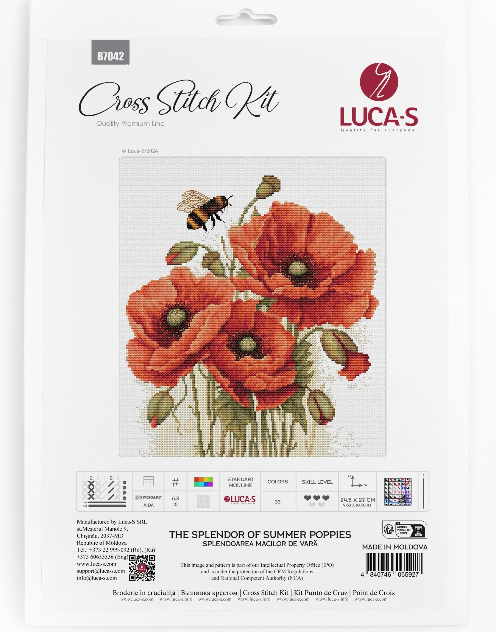 Kit Broderie Luca-S B7042 Splendoarea Macilor de Vara, Pânza Zweigart Aida 16ct, Ață 100% Bumbac, 24.5 x 27 cm, 33 Culori
