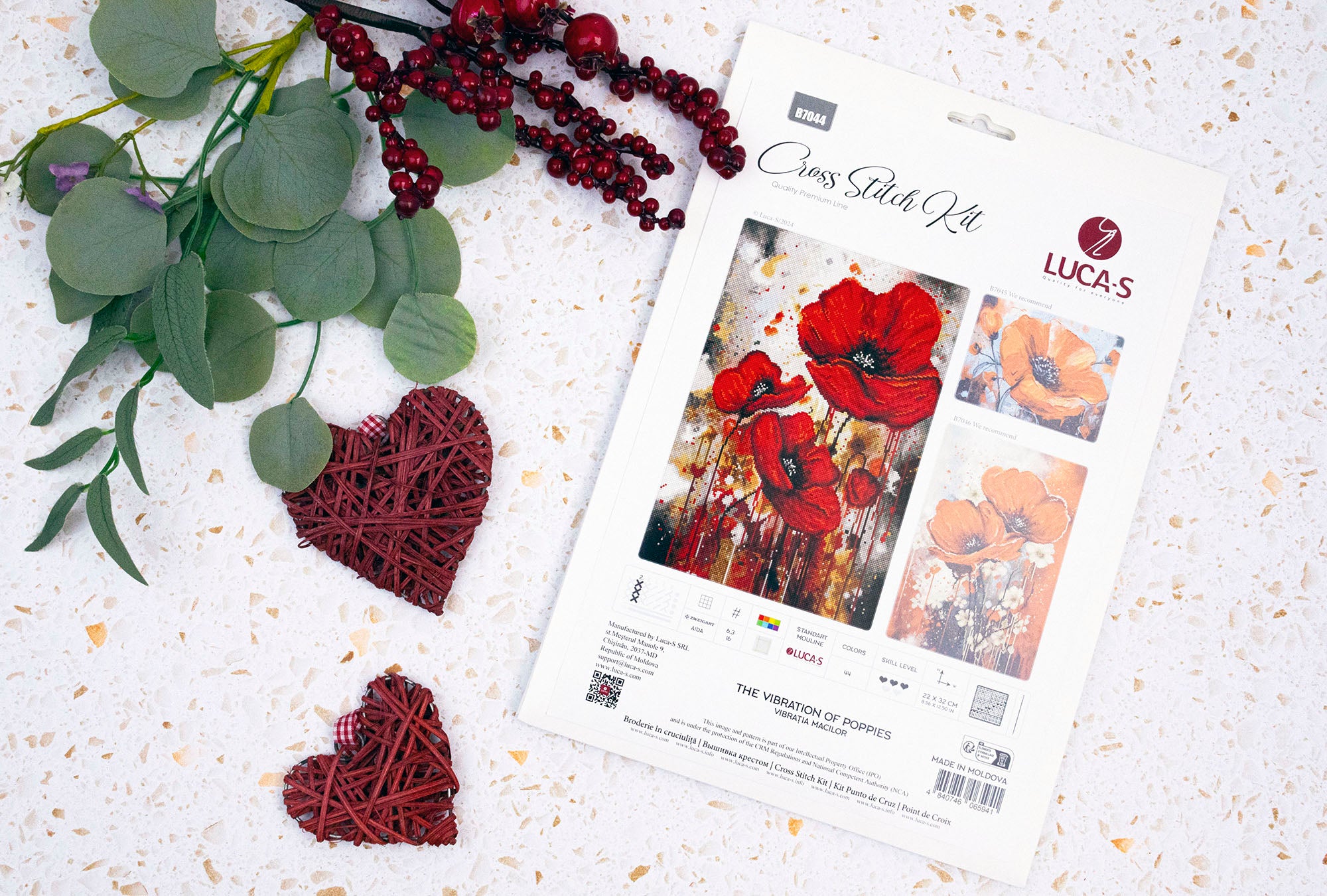 Luca-S B7044 The Vibration of Poppies Cross Stitch Kit, Premium Line, Zweigart Aida 16ct Fabric, 100% Cotton Threads, 22 x 32 cm Finished Size