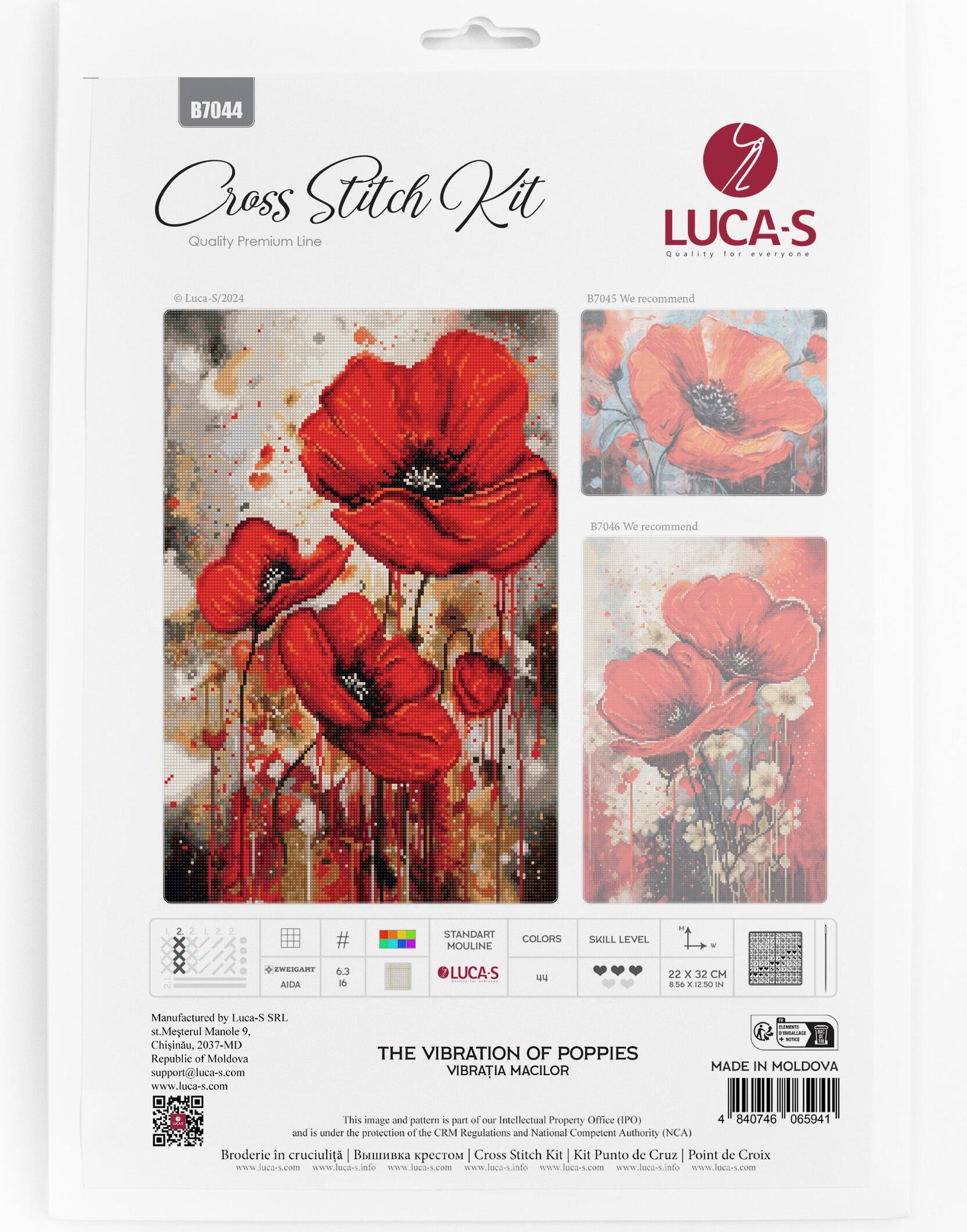 Luca-S B7044 The Vibration of Poppies Cross Stitch Kit, Premium Line, Zweigart Aida 16ct Fabric, 100% Cotton Threads, 22 x 32 cm Finished Size