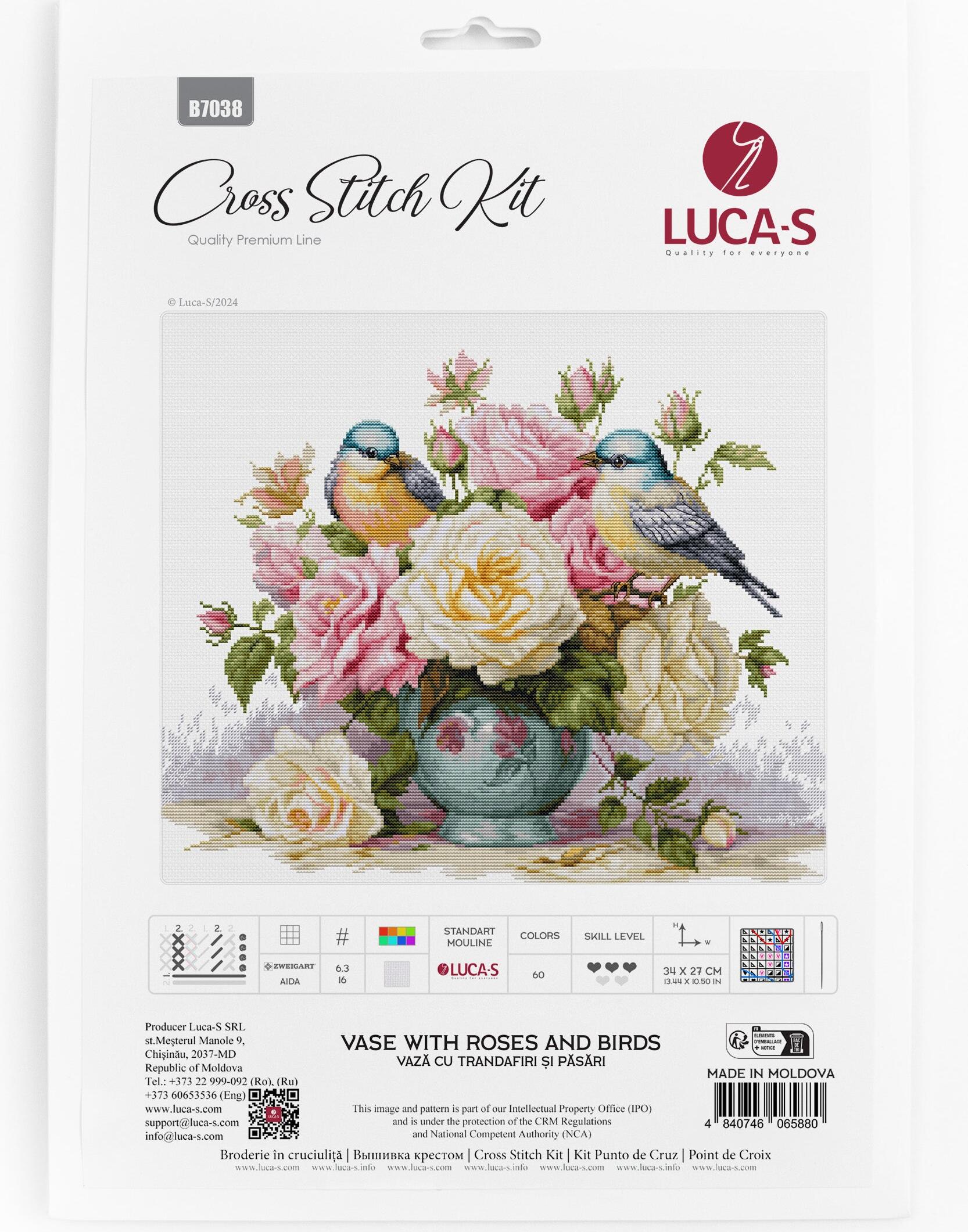 Набор для вышивания Luca-S B7038 Ваза с розами и птицами, 34x27 см, ткань Zweigart Aida 16, 60 цветов, нити 100% хлопок