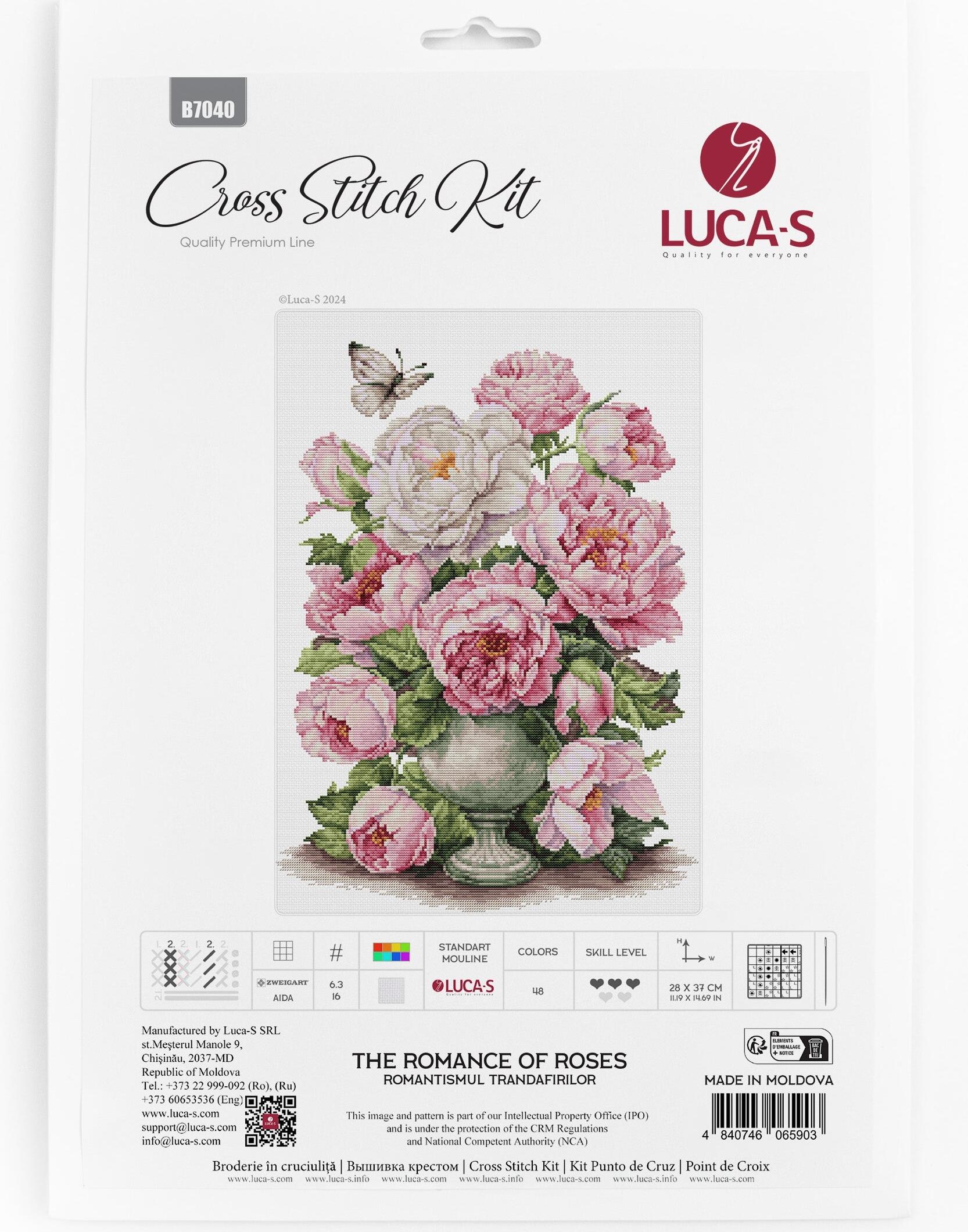 Набор для вышивания Luca-S B7040 Романтика роз, ткань Zweigart Aida 16ct, нити 100% хлопок, размер готовой работы 28 x 37 см, 48 цветов