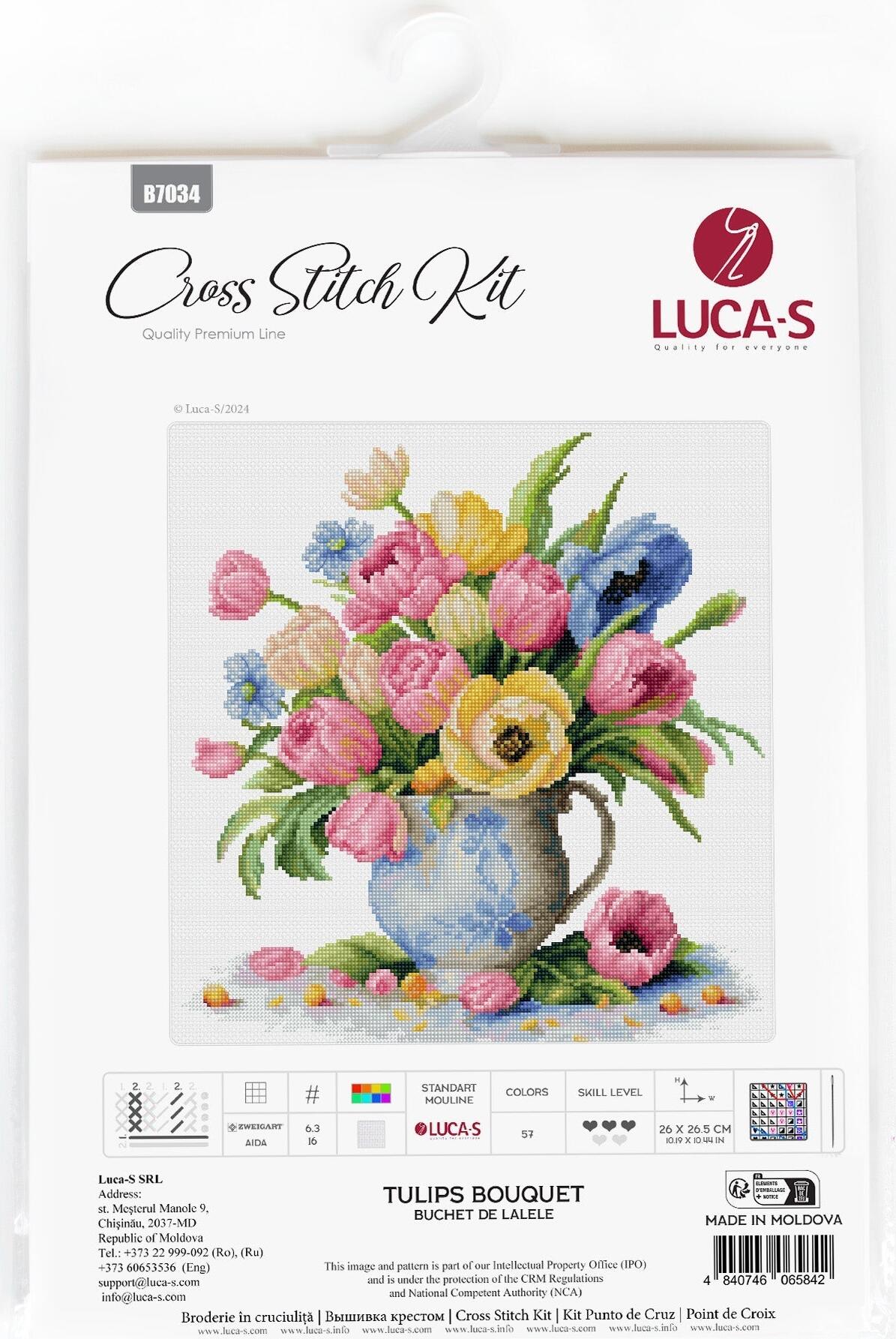 Kit Broderie Luca-S B7034 Buchet de Lalele, Material Zweigart Aida 16ct, Fir 100% Bumbac, 57 Culori, Dimensiune Finalizata 26 x 26.5 cm