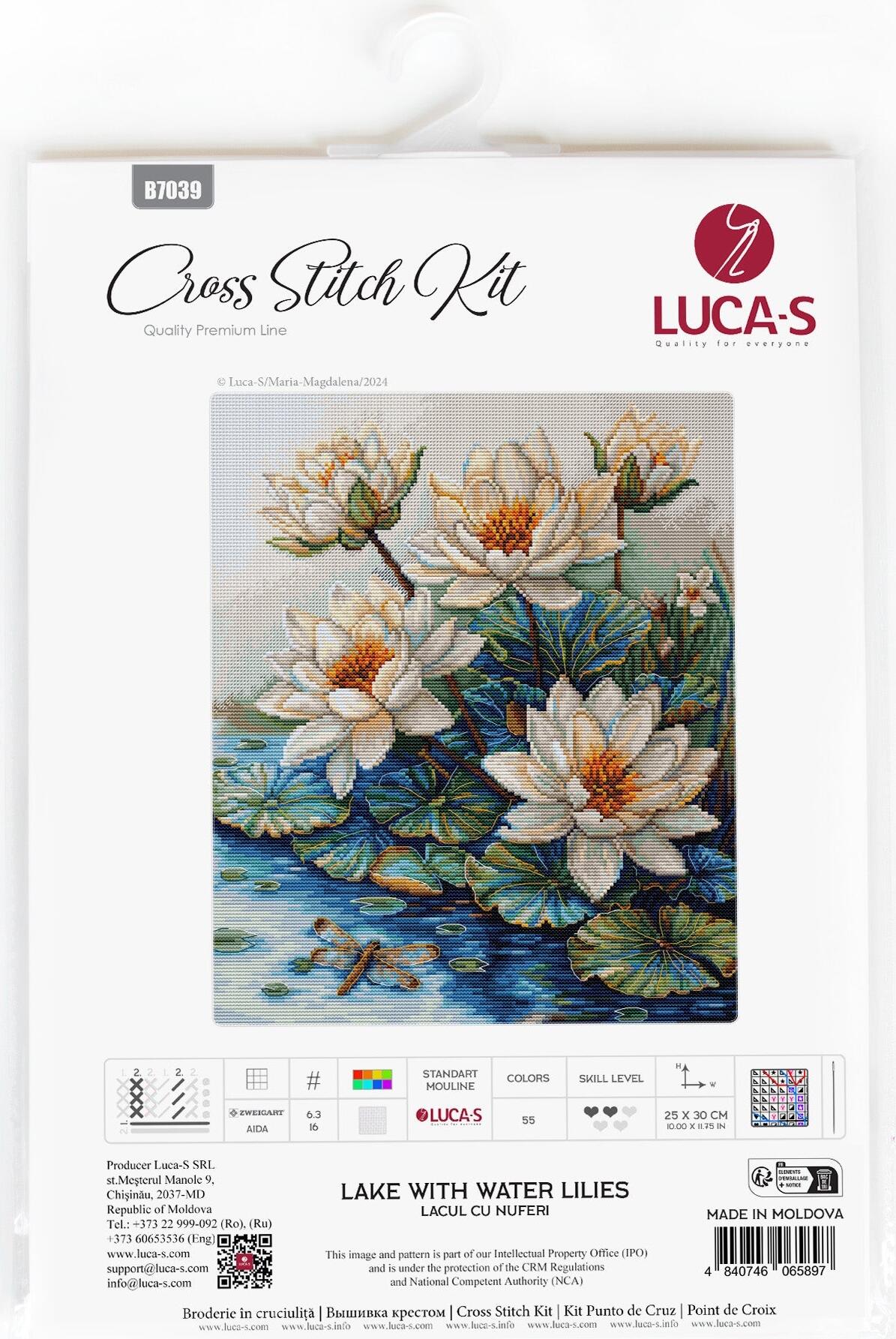 Luca-S B7039 Lake With Water Lilies Counted Cross Stitch Kit, 25 x 30 cm, Zweigart Aida 16ct Fabric, 55 Colors, Cotton Threads