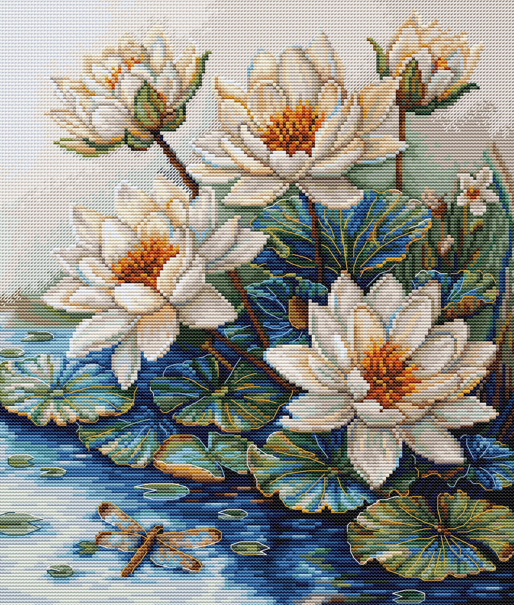 Counted Cross Stitch Kit Digital PDF Pattern available using QR Code inside <li data-mce-fragment="1">Size:  10.00 x 11.75 in or 25 x 30 cm <li data-mce-fragment="1">Stitches:  160 x 188 <li data-mce-fragment="1">Colors: 55 <li data-mce-fragment="1">Threads: Luca-S 100% cotton <li data-mce-fragment="1">Fabric: Zweigart Aida16 ct. ( 100/101 ) 39 x 44 cm <li data-mce-fragment="1">Embroidery needles №26 - 2 needles <li data-mce-fragment="1"> Partially colored diagram and colored backstitch - 8 sheets format A3 <li data-mce-fragment="1">Skill Level: 2/5 <li data-mce-fragment="1">Artist: Luca-S  <li data-mce-fragment="1">Cross Stitch Kit Luca-S <!----> Cross Stitch Kit Luca-S -  Lake With Water Lilies, B7039