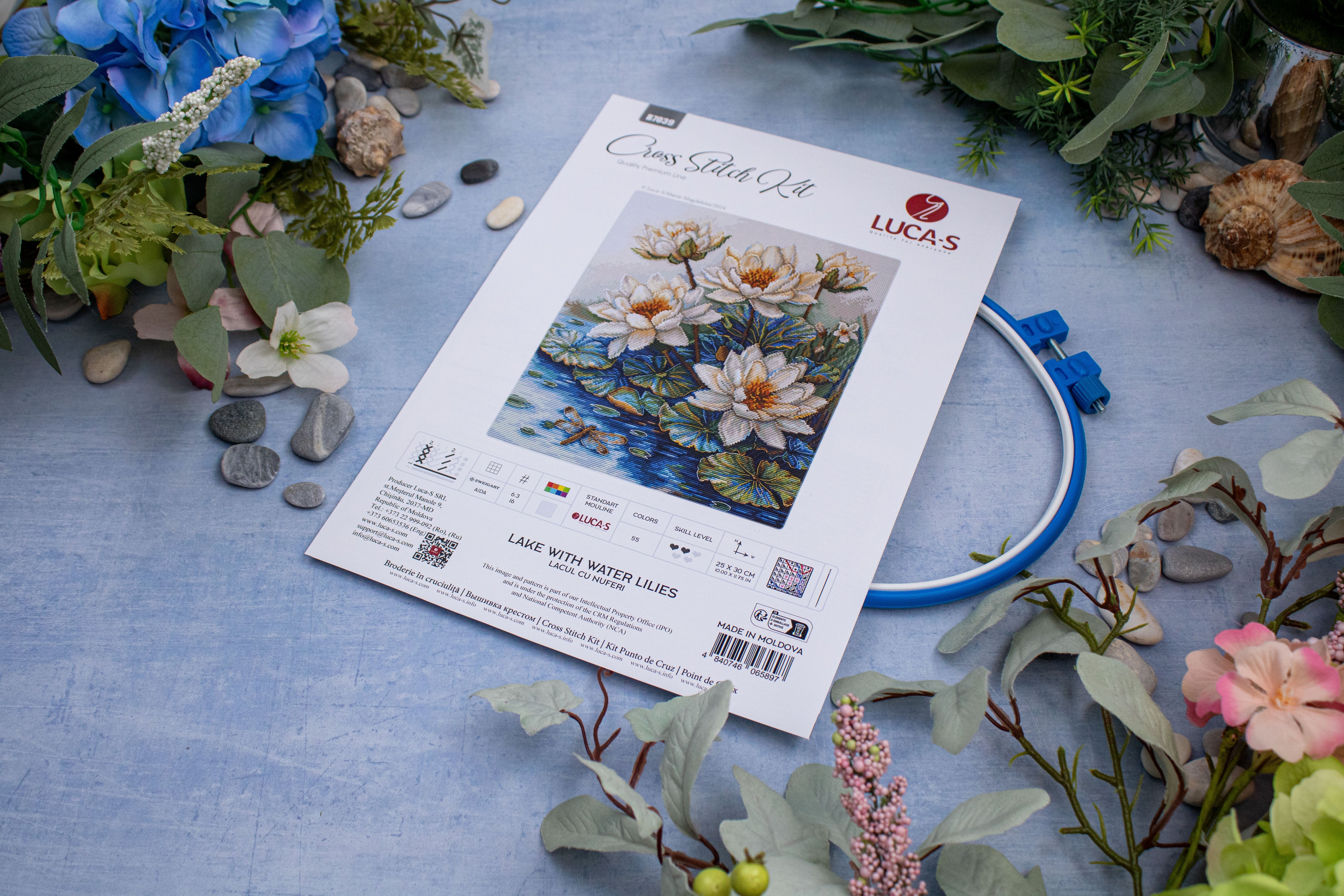 Luca-S B7039 Lake With Water Lilies Counted Cross Stitch Kit, 25 x 30 cm, Zweigart Aida 16ct Fabric, 55 Colors, Cotton Threads
