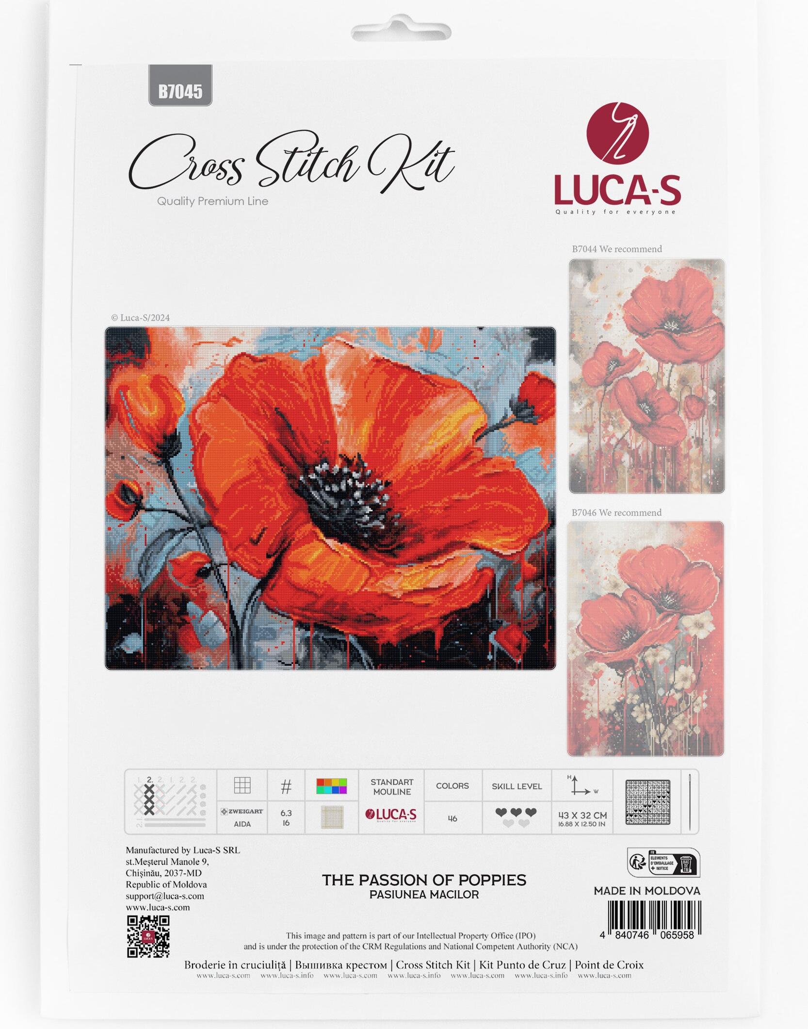 Kit Broderie în Cruce Luca-S B7045 Pasiunea Macilor, 43 x 32 cm, Material Zweigart Aida 16 ct, 46 Culori, Fir de Bumbac