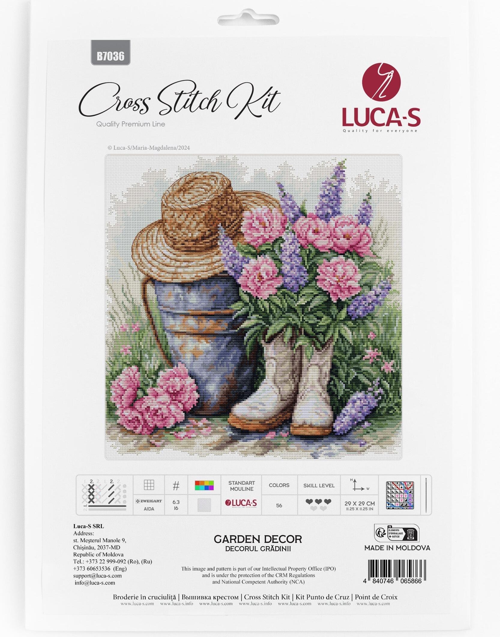 Luca-S B7036 Garden Decor Cross Stitch Kit, 29 x 29 cm, Zweigart Aida 16 ct Fabric, 56 Colors, 100% Cotton Thread