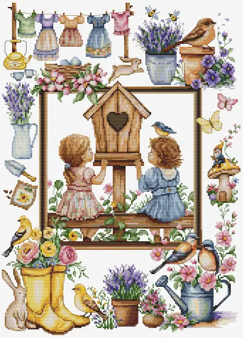Luca-S B7047 Spring Garden Counted Cross Stitch Kit, Zweigart Aida 16ct White Fabric, 58 Colors, 27 x 37 cm Finished Size