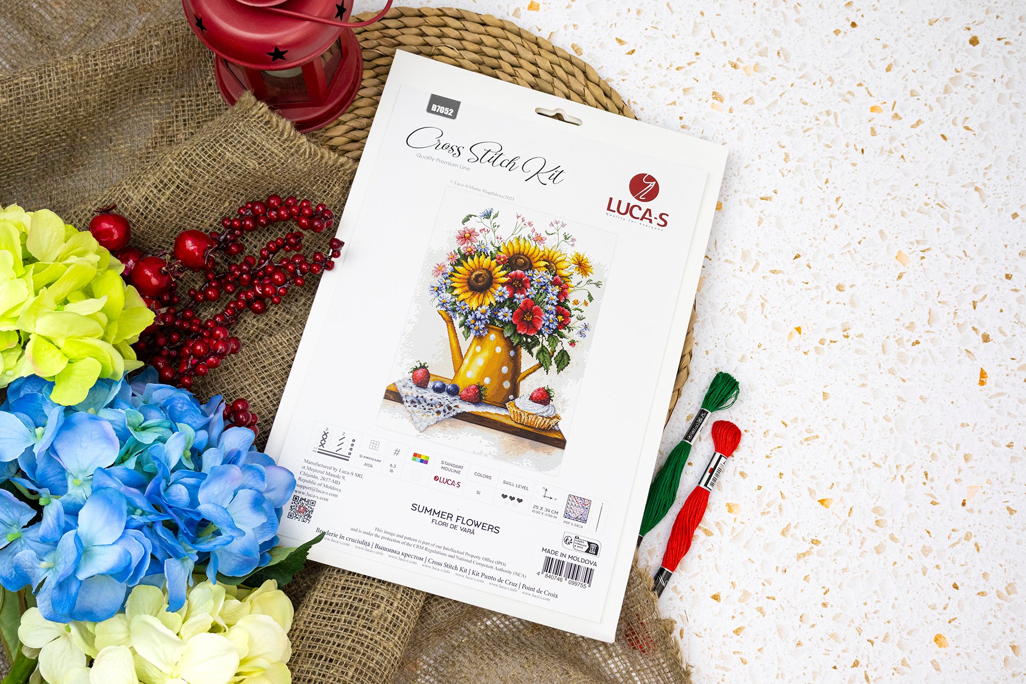 Luca-S B7052 Summer Flowers Cross Stitch Kit, 160x216 Stitches, Zweigart Aida 16ct White Fabric, 51 Colors Cotton Thread, 25 x 34 cm
