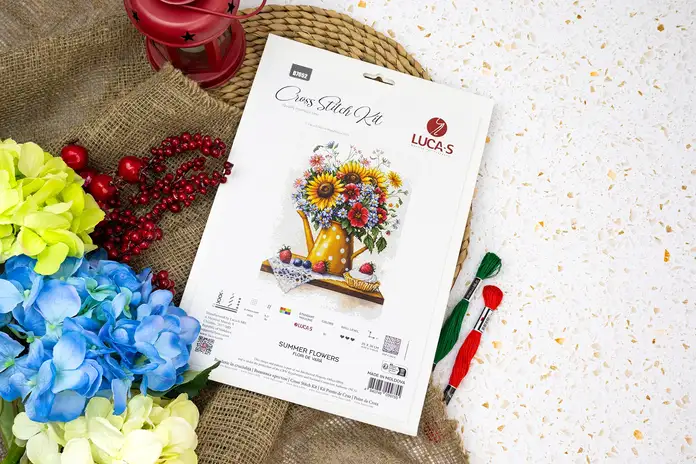 Luca-S B7052 Summer Flowers Cross Stitch Kit, 160x216 Stitches, Zweigart Aida 16ct White Fabric, 51 Colors Cotton Thread, 25 x 34 cm