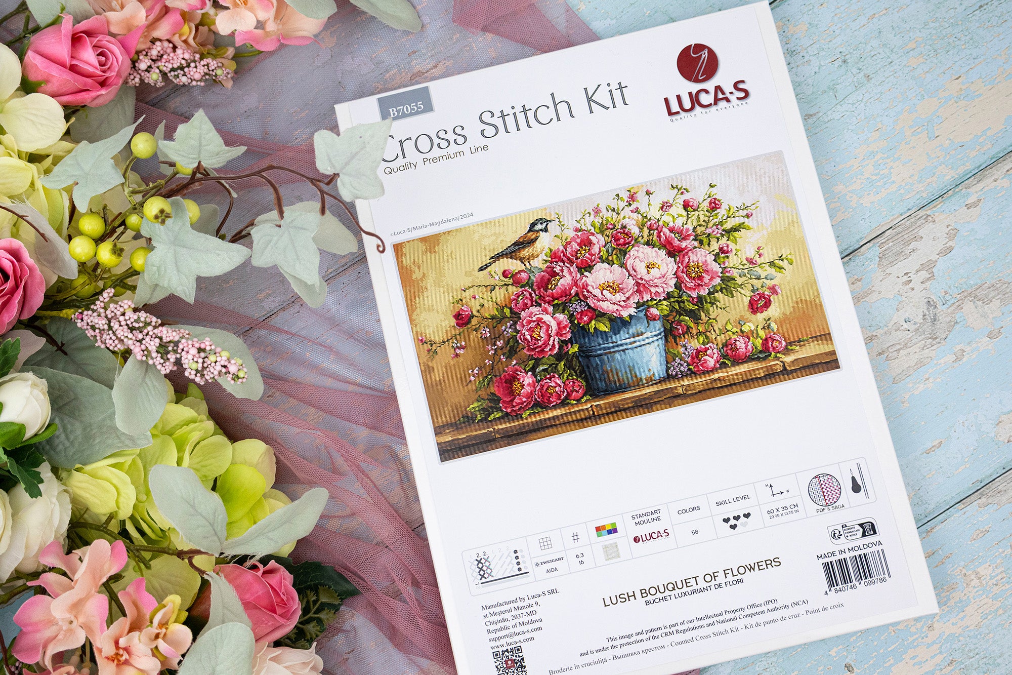 Luca-S B7055 Lush Bouquet of Flowers Cross Stitch Kit, Premium Line, Aida 16ct Fabric, 60x35 cm, 58 Colors, 100% Cotton Thread