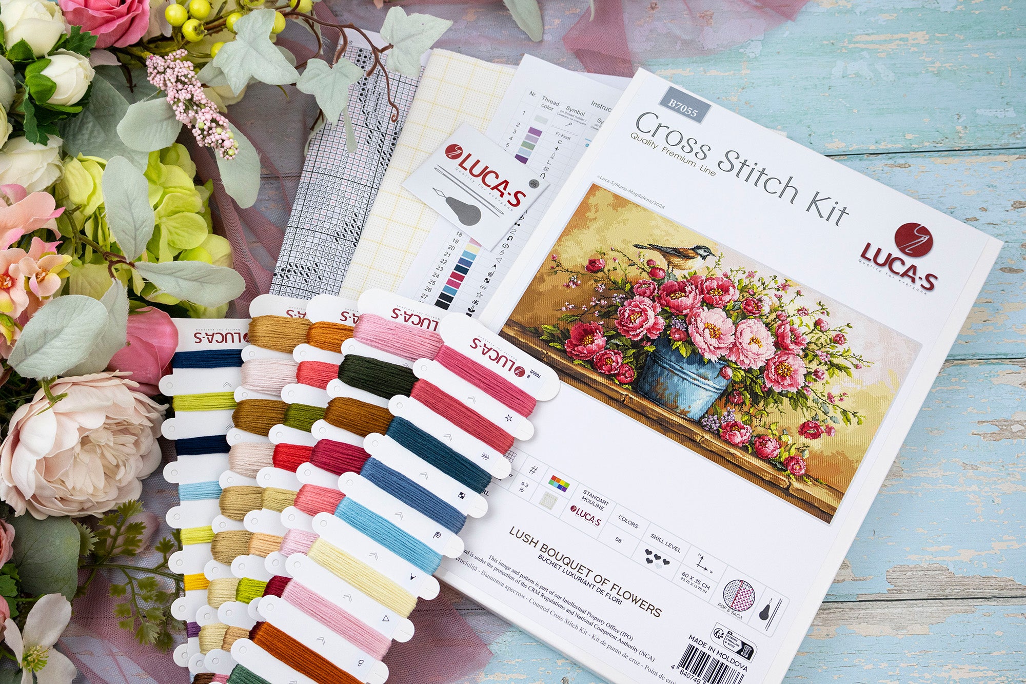 Luca-S B7055 Lush Bouquet of Flowers Cross Stitch Kit, Premium Line, Aida 16ct Fabric, 60x35 cm, 58 Colors, 100% Cotton Thread