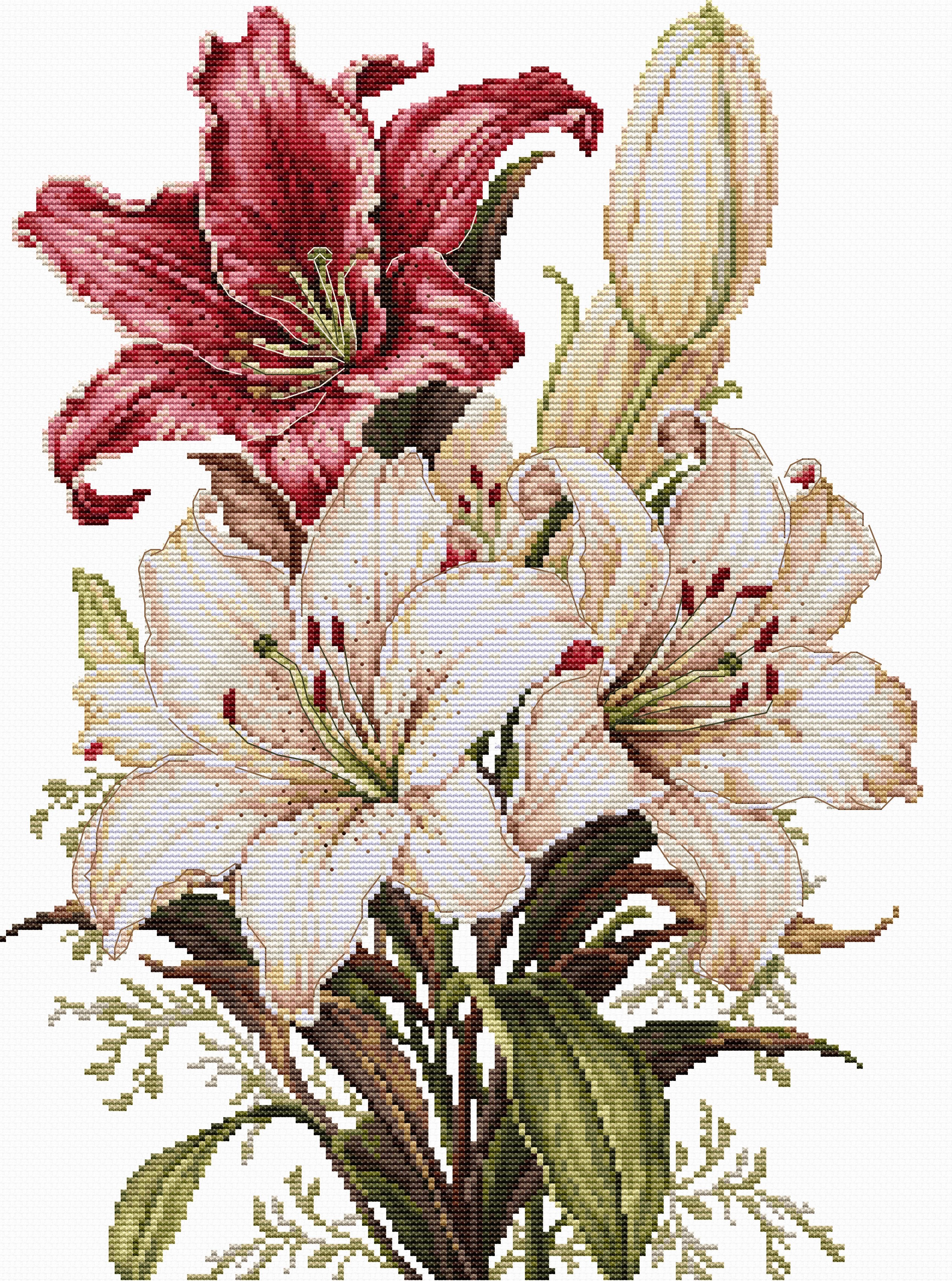 Kit Broderie Luca-S B7054 Parfumul Crinilor, Material Zweigart Aida 16ct Alb, 44 Culori, Dimensiune Finalizata 24 x 34 cm, Fir Bumbac Mouline