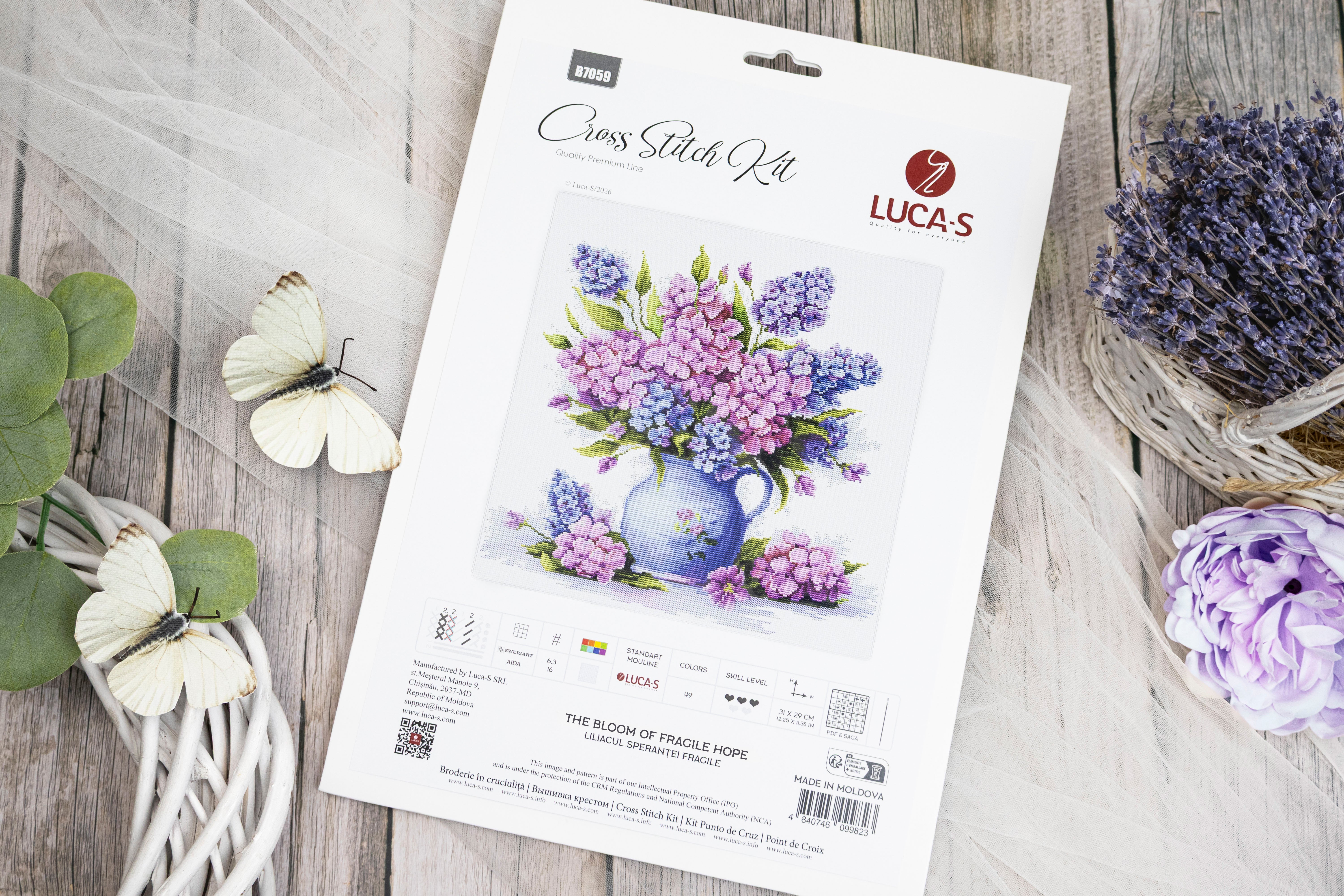 Kit Broderie Luca-S B7059 Liliacul Speranței Fragile, Material Zweigart Aida 16, 31 x 29 cm, 49 Culori, Ață 100% Bumbac
