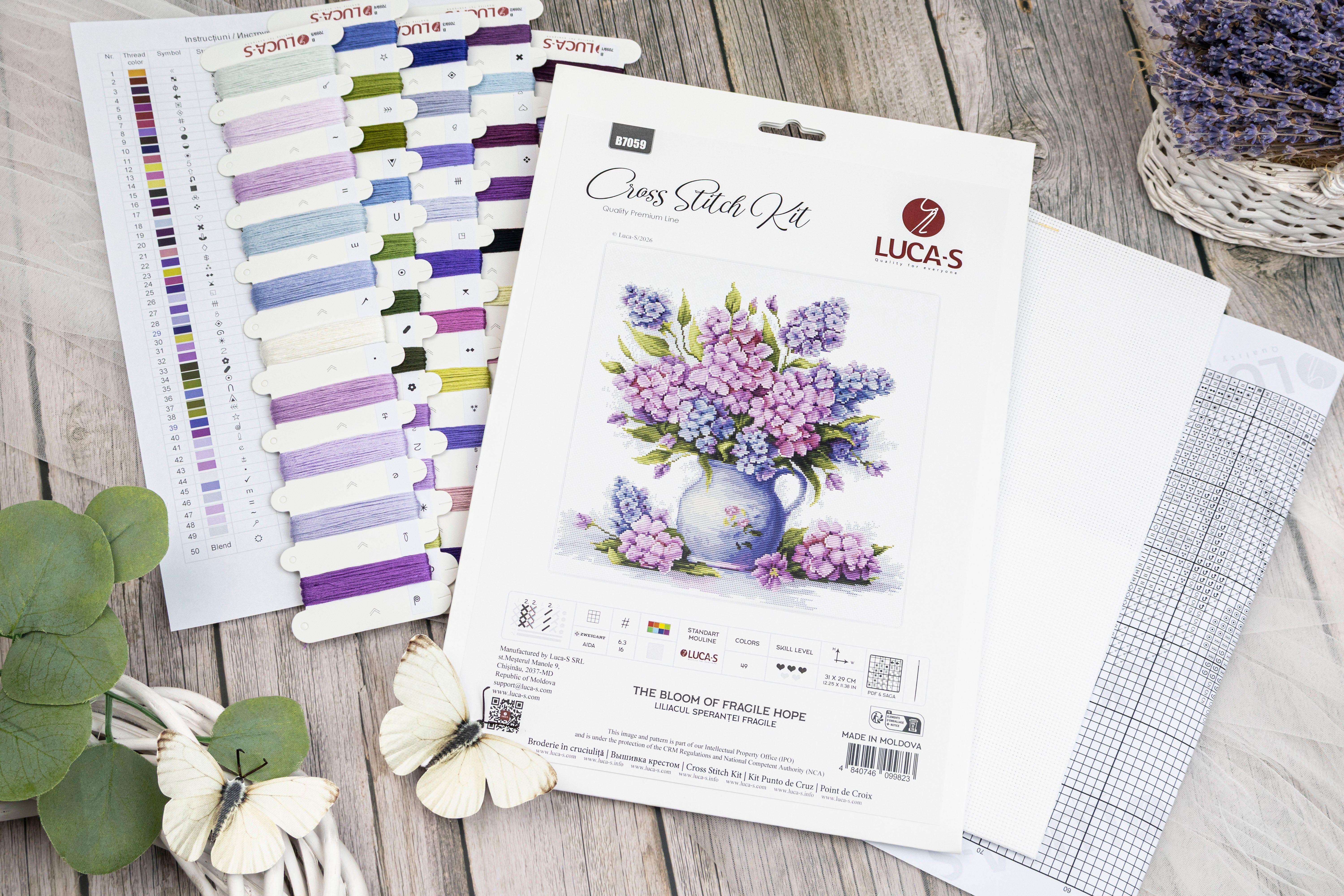 Kit Broderie Luca-S B7059 Liliacul Speranței Fragile, Material Zweigart Aida 16, 31 x 29 cm, 49 Culori, Ață 100% Bumbac