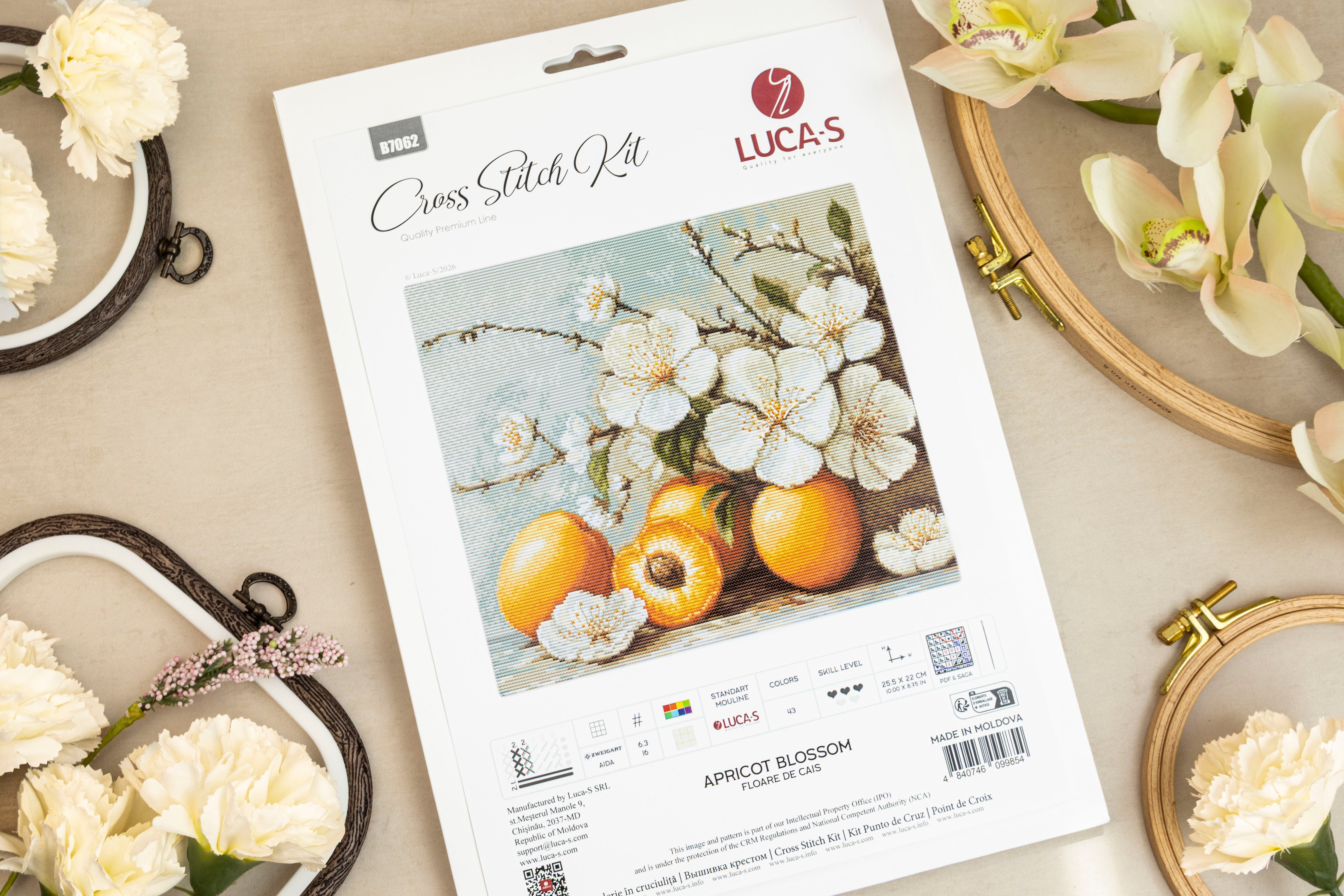 Luca-S B7062 Apricot Blossom Cross Stitch Kit, Zweigart Aida 16 Fabric, 100% Cotton Thread, 25.5 x 22 cm Finished Size, 43 Colors