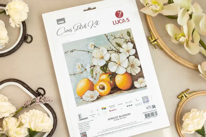 Luca-S B7062 Apricot Blossom Cross Stitch Kit, Zweigart Aida 16 Fabric, 100% Cotton Thread, 25.5 x 22 cm Finished Size, 43 Colors